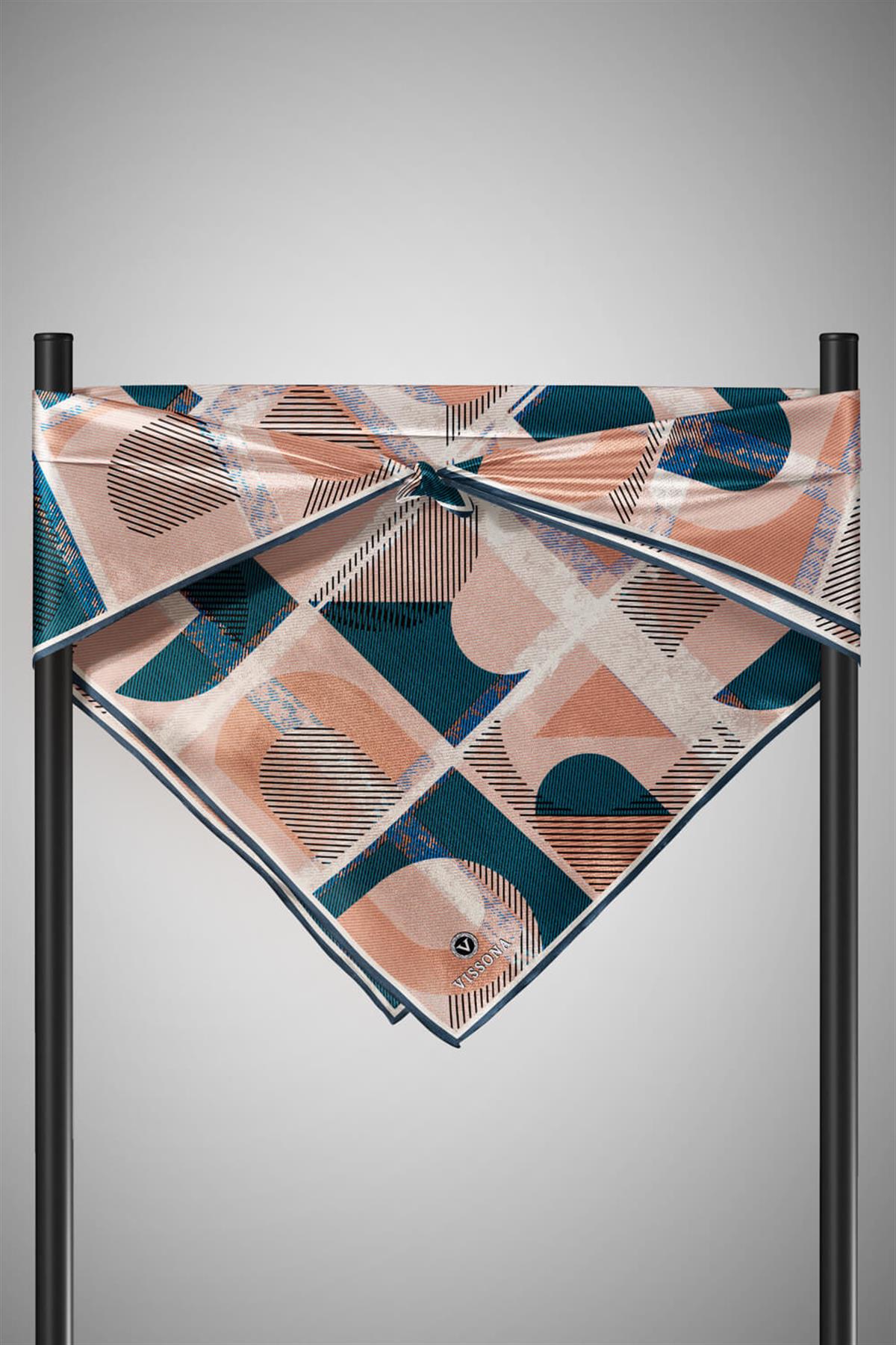 %100 Twill İpek Geometri Desenli Lacivert - Vizon Renkli 90x90 Eşarp Kenar Dikiş Şekli El Dikişli