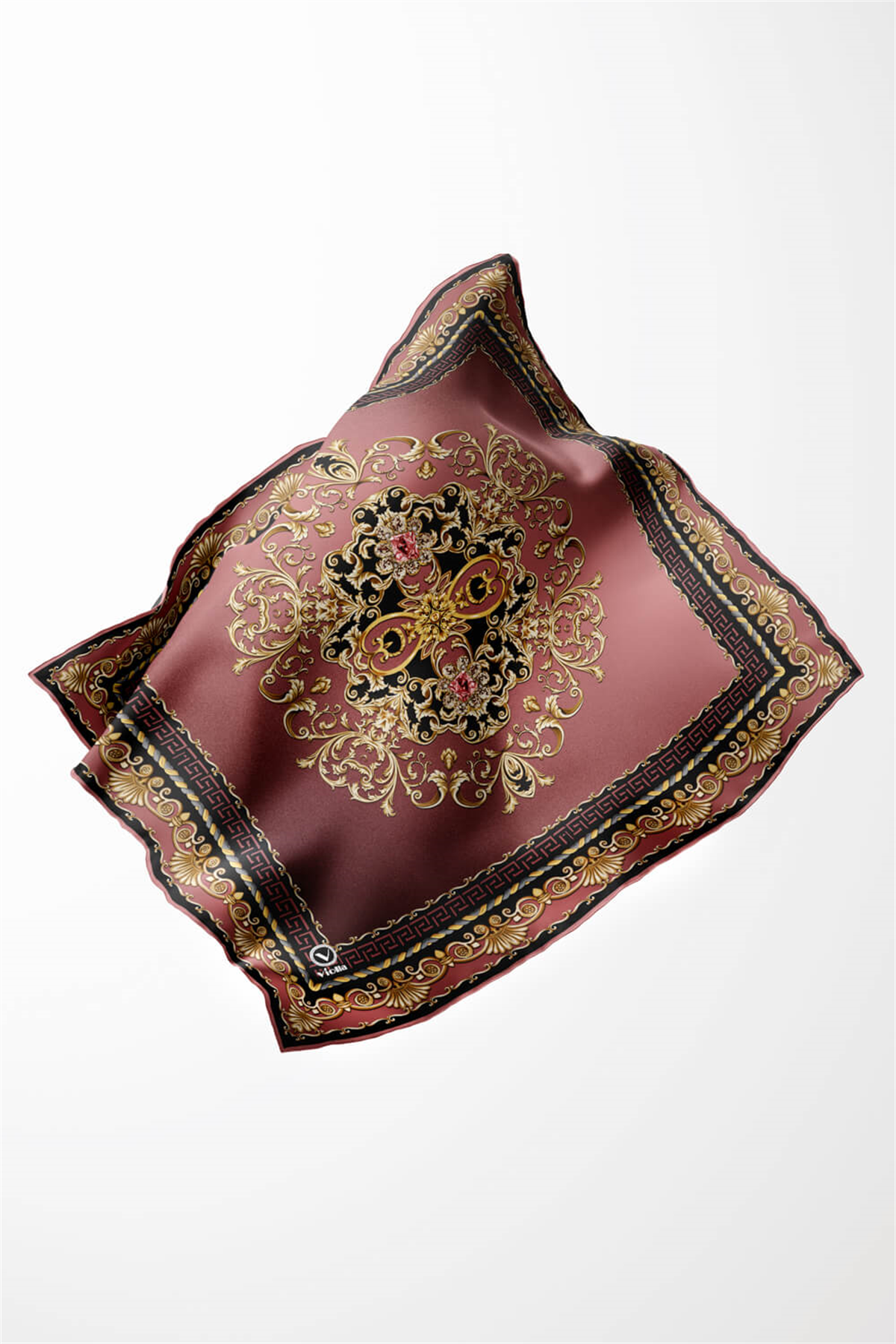 Twill Barok Desenli Gül Kurusu Renkli 90x90 Eşarp (İpek İçermez) Dikim Şekli : El Dikişi