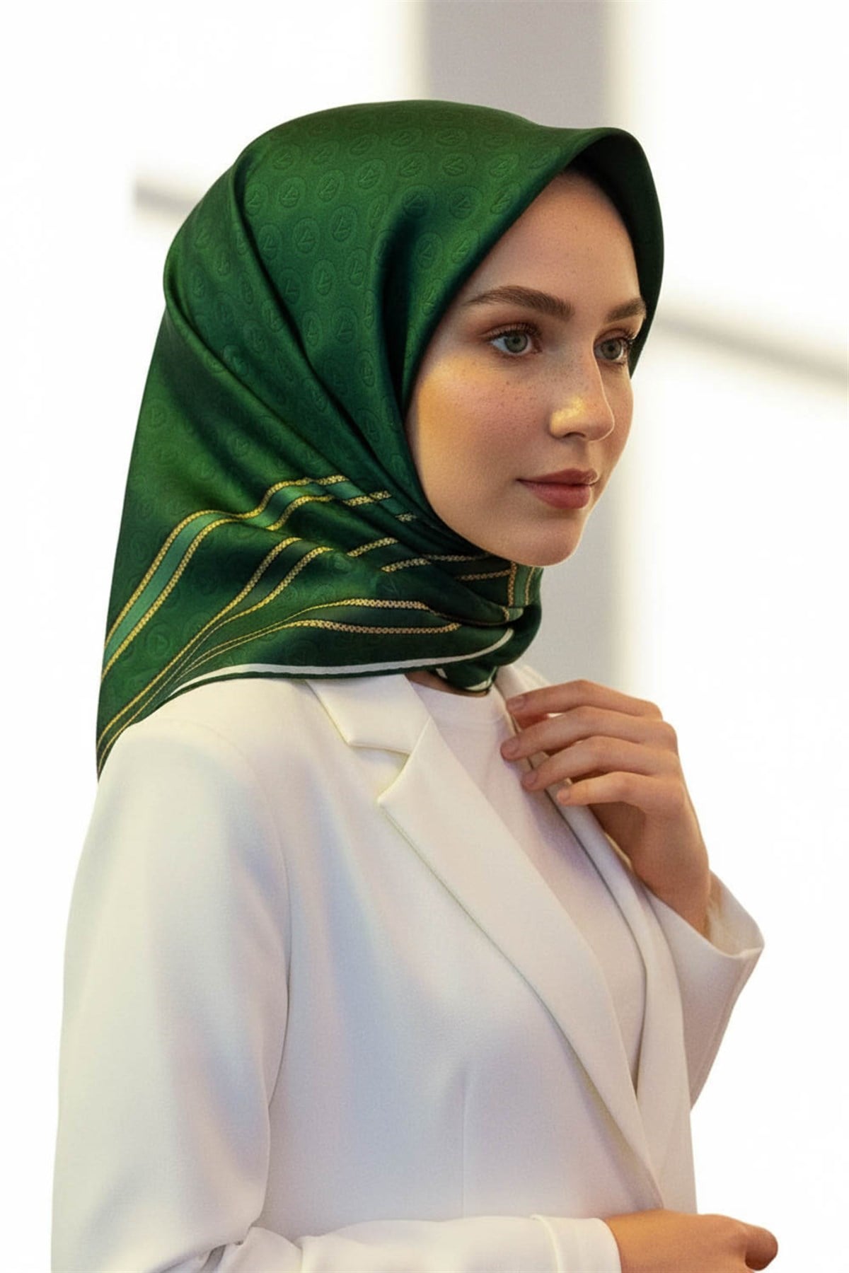 %100 Twill İpek Monogram Desenli Zümrüt Yeşili - Mint Yeşili Renkli 90x90 Eşarp Dikim Şekli : El Dikişi