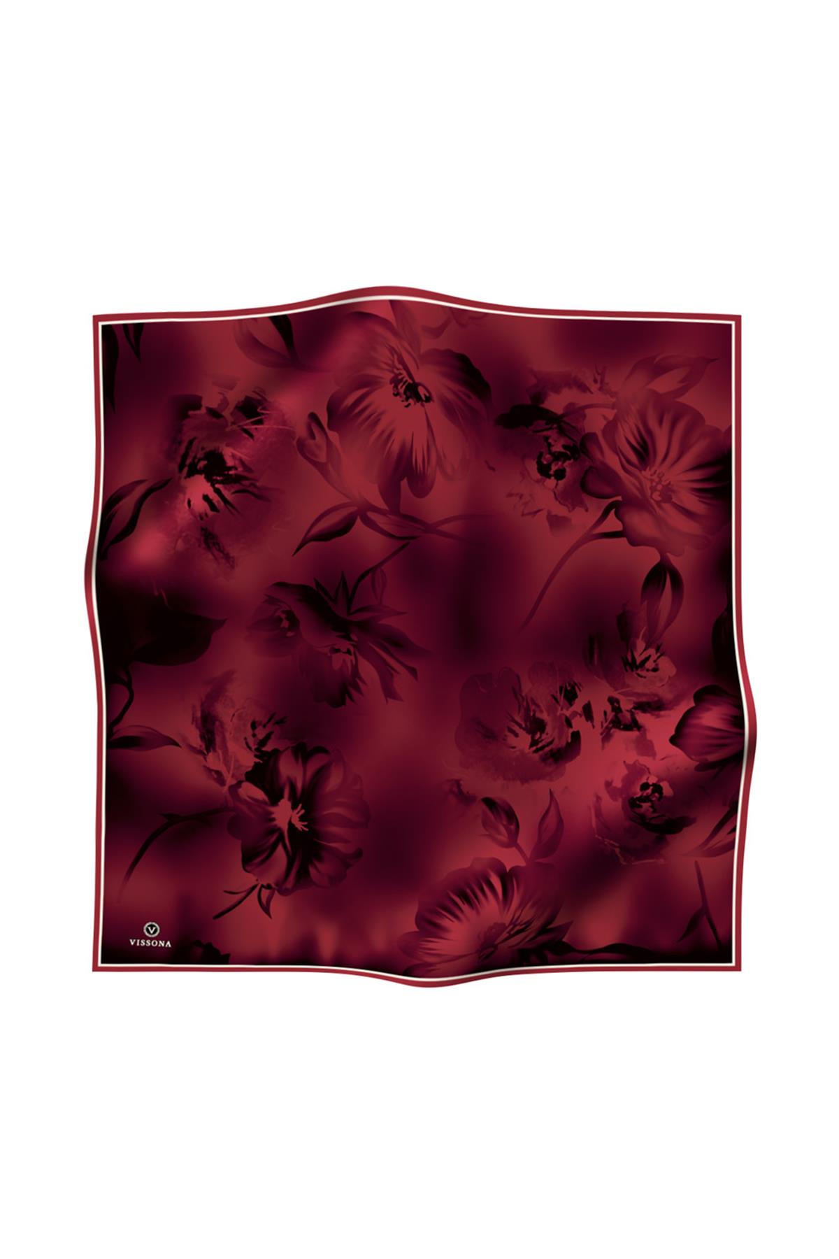 100% Twill İpek Çiçek Desenli Bordo Renkli 90x90 Dikim Şekli : El Dikişi Eşarp