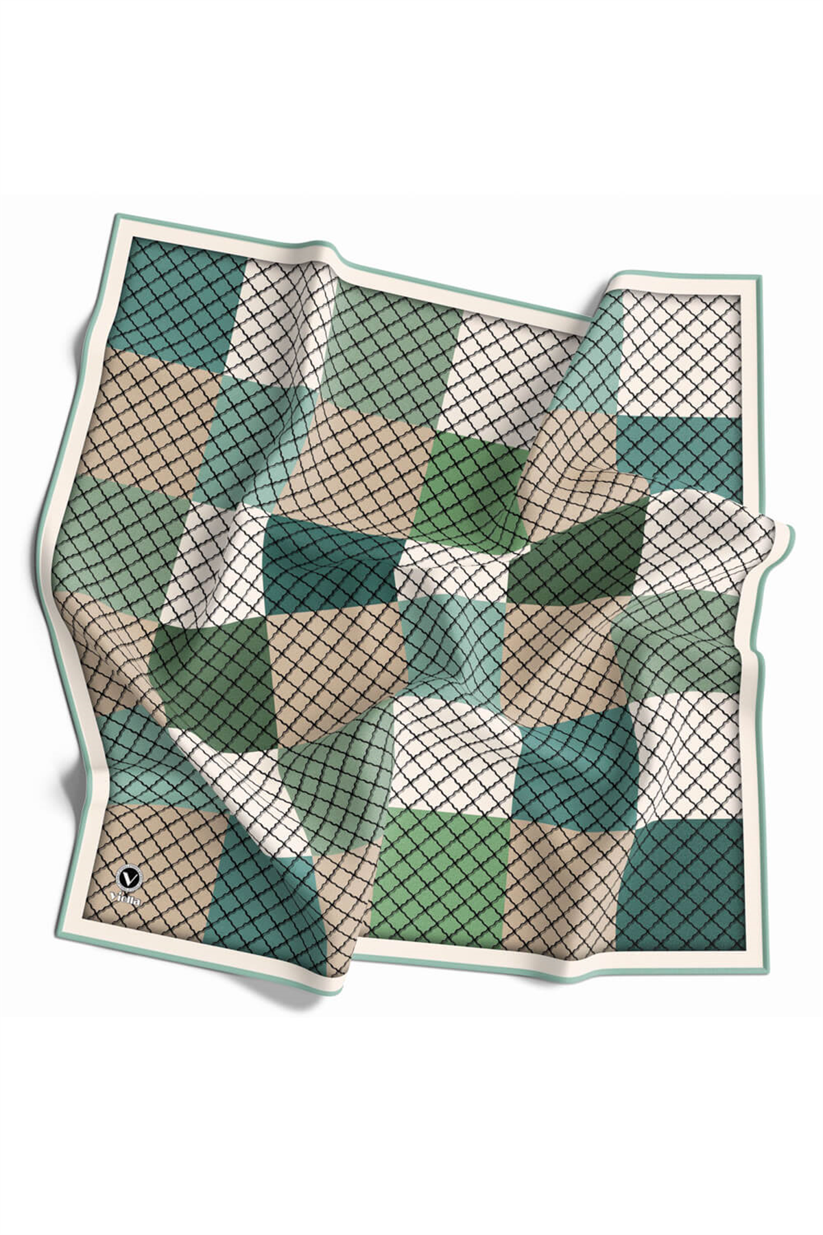 Twill Kare Desenli Koyu Mint Yeşili Renkli 90x90 Eşarp (İpek İçermez) Kenar Dikiş Şekli El Dikişli