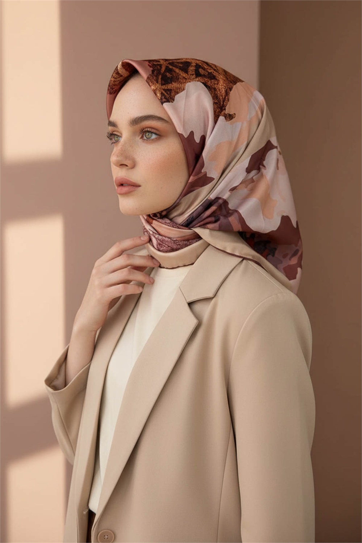 Kristal Batikli Ve Etnik Desenli Bakır Renkli 90x90 Eşarp (İpek İçermez) Kenar Dikiş Şekli El Dikişli