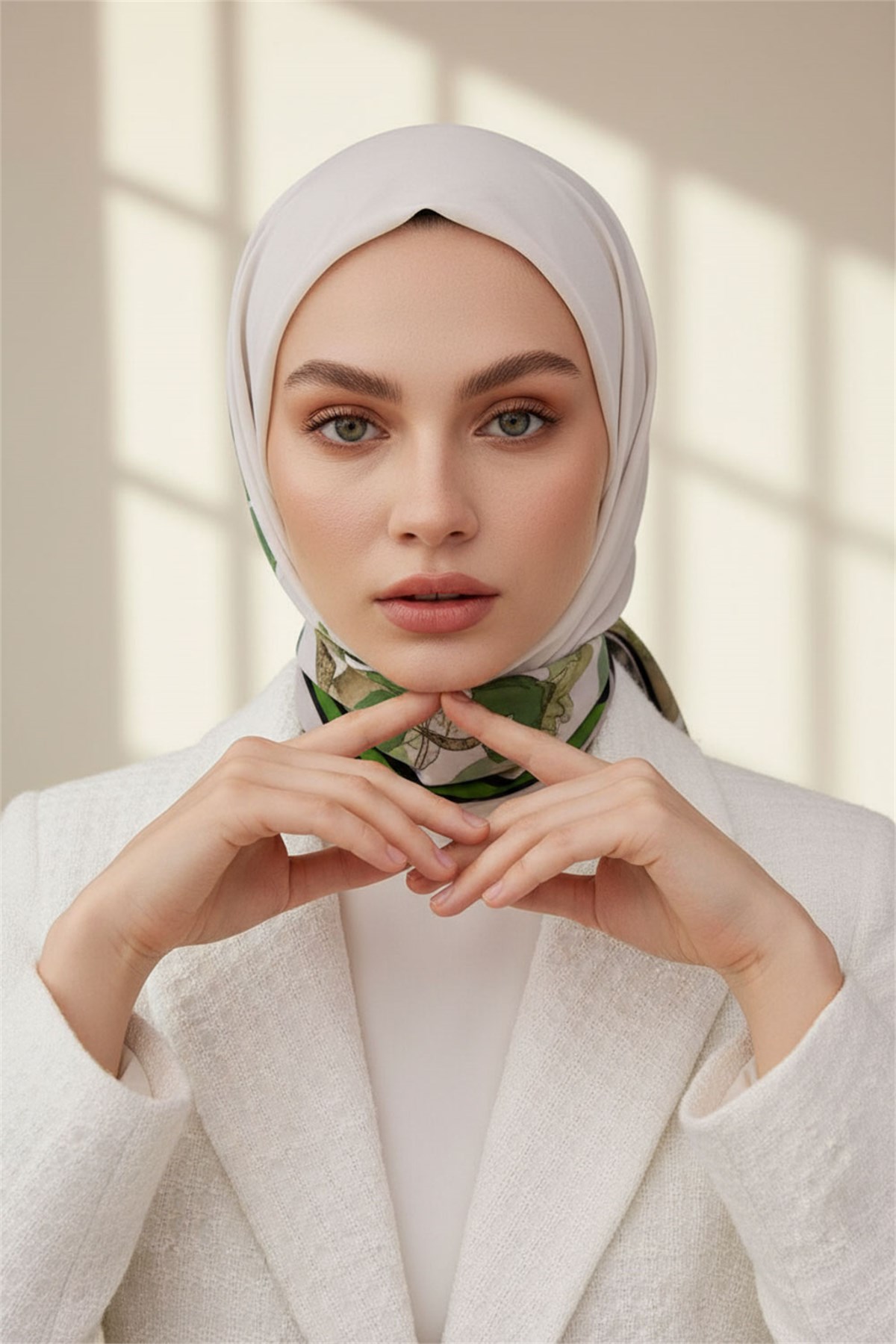 KREP ÇİÇEK DESENLİ ZÜMRÜT YEŞİLİ - İNDİGO RENKLİ 75X195 KIRIŞMAZ ŞAL