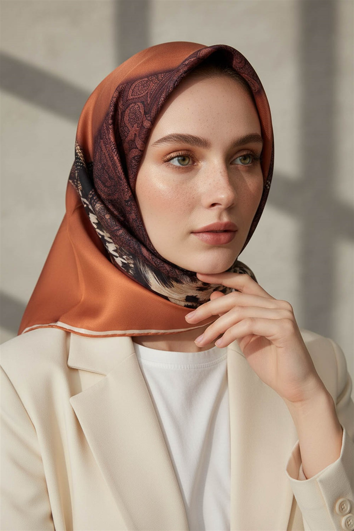 % 57 İPEK % 43 VİSKON Twill İpek Kazayaklı Ekoseli Leoparlı Ve Şal Desenli Taba - Bej Renkli 90x90 Eşarp Dikim Şekli : El Dikişi