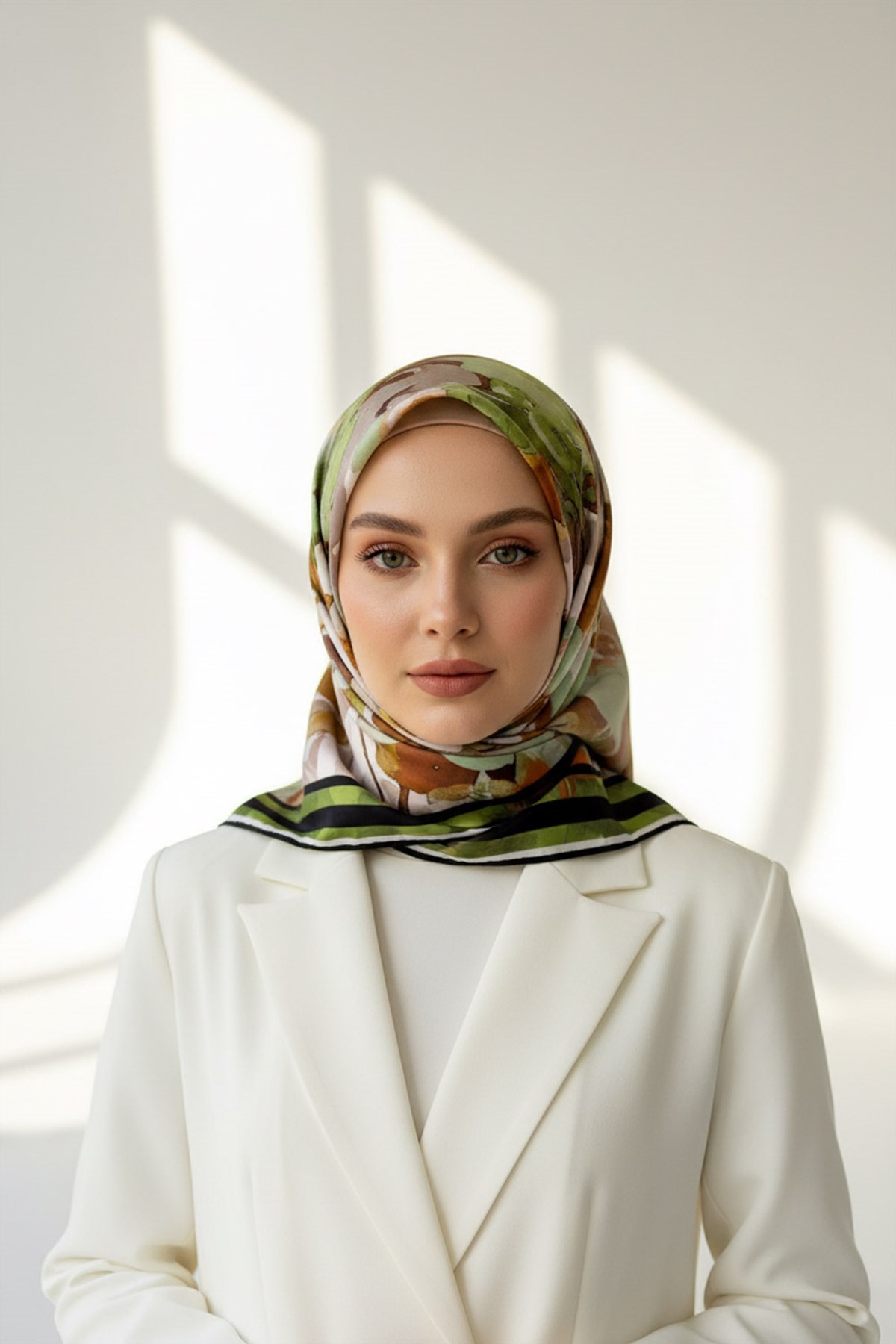 % 57 İPEK % 43 VİSKON Twill İpek Sulu Boyalı Çiçek Desenli Haki - Vizon Renkli 90x90 Eşarp Dikim Şekli : El Dikişi