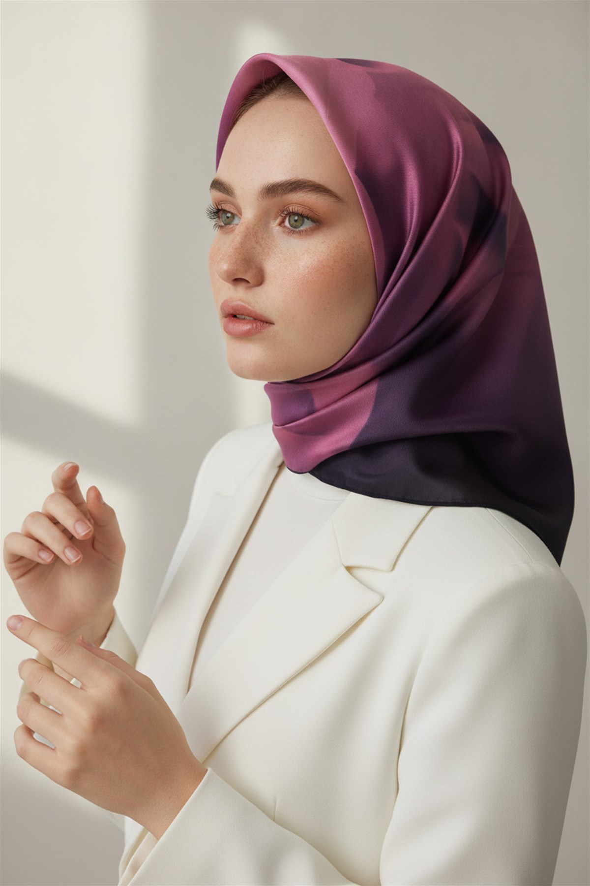 %100 Twill İpek Gül Desenli Lila - Somon Renkli 90x90 Eşarp Dikim Şekli : El Dikişi