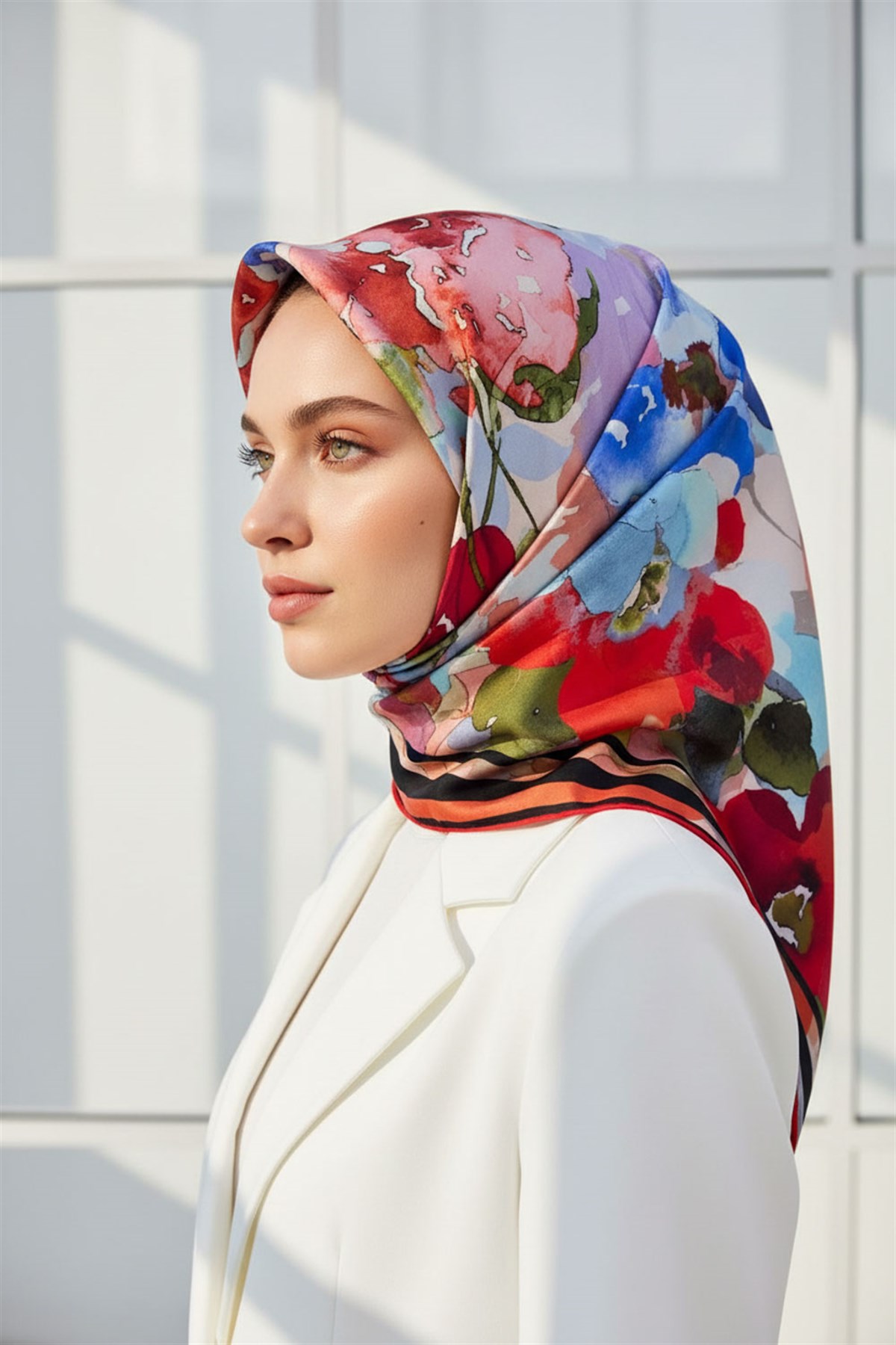% 57 İPEK % 43 VİSKON Twill İpek Sulu Boyalı Çiçek Desenli Kırmızı - Bebe Mavisi Renkli 90x90 Eşarp Dikim Şekli : El Dikişi
