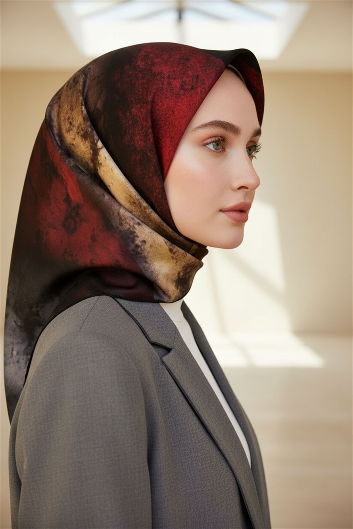 %100 Twill İpek Dokulu Ve Geometrik Desenli Bordo - Gri Renkli 90x90 Eşarp Dikim Şekli : El Dikişi
