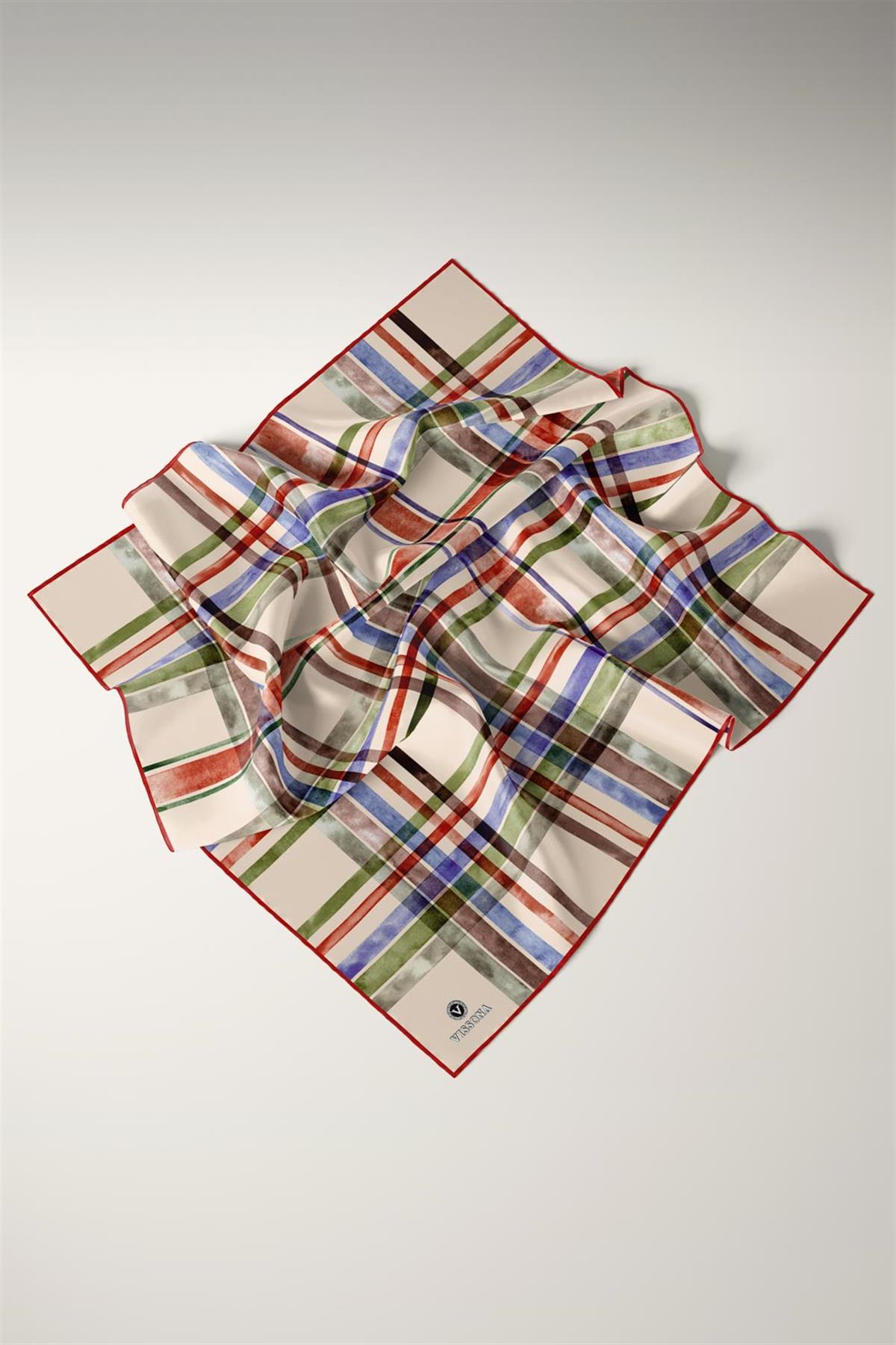 %100 Twill İpek Ekose Desenli Taba - Haki Renkli 90x90 Eşarp Kenar Dikiş Şekli El Dikişli