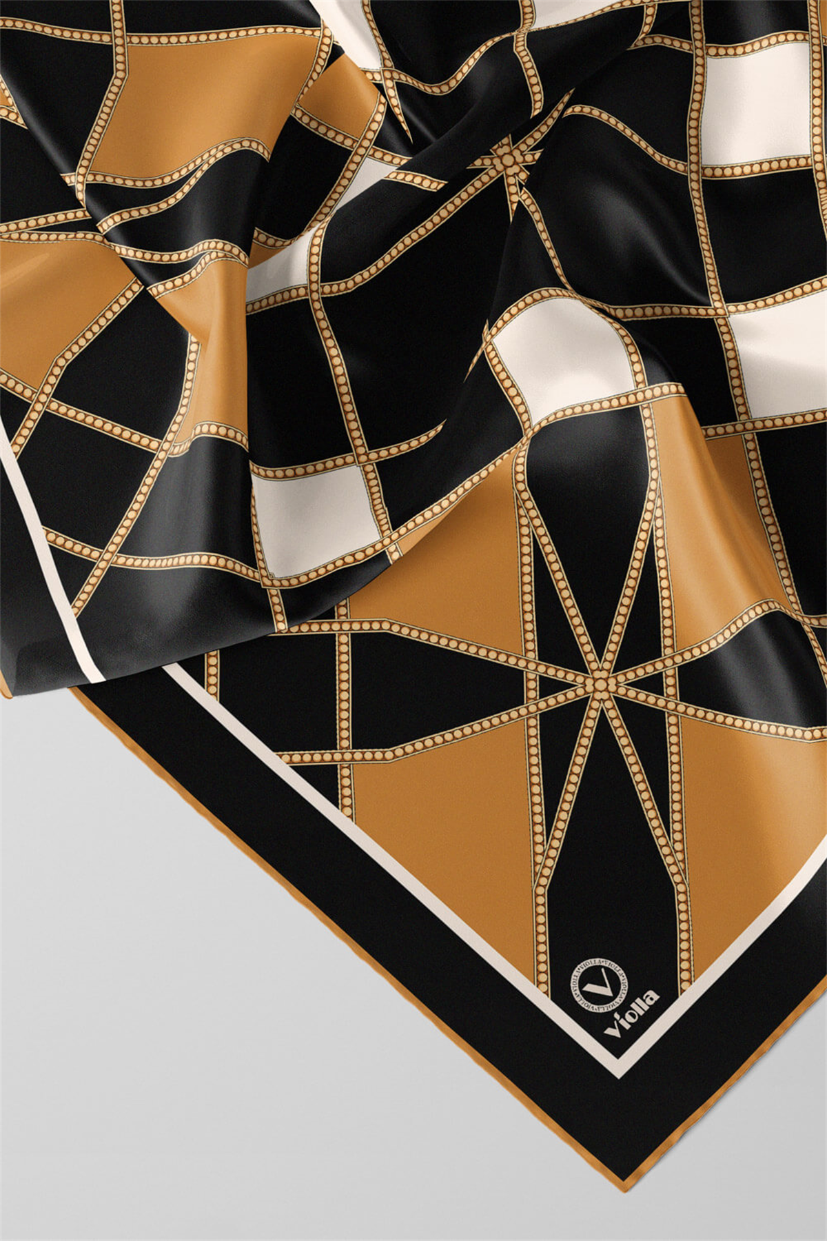Twill Gold Detaylı Geometrik Çiçekli Desenli Hardal Renkli 90x90 Eşarp (İpek İçermez) Kenar Dikiş Şekli El Dikişli