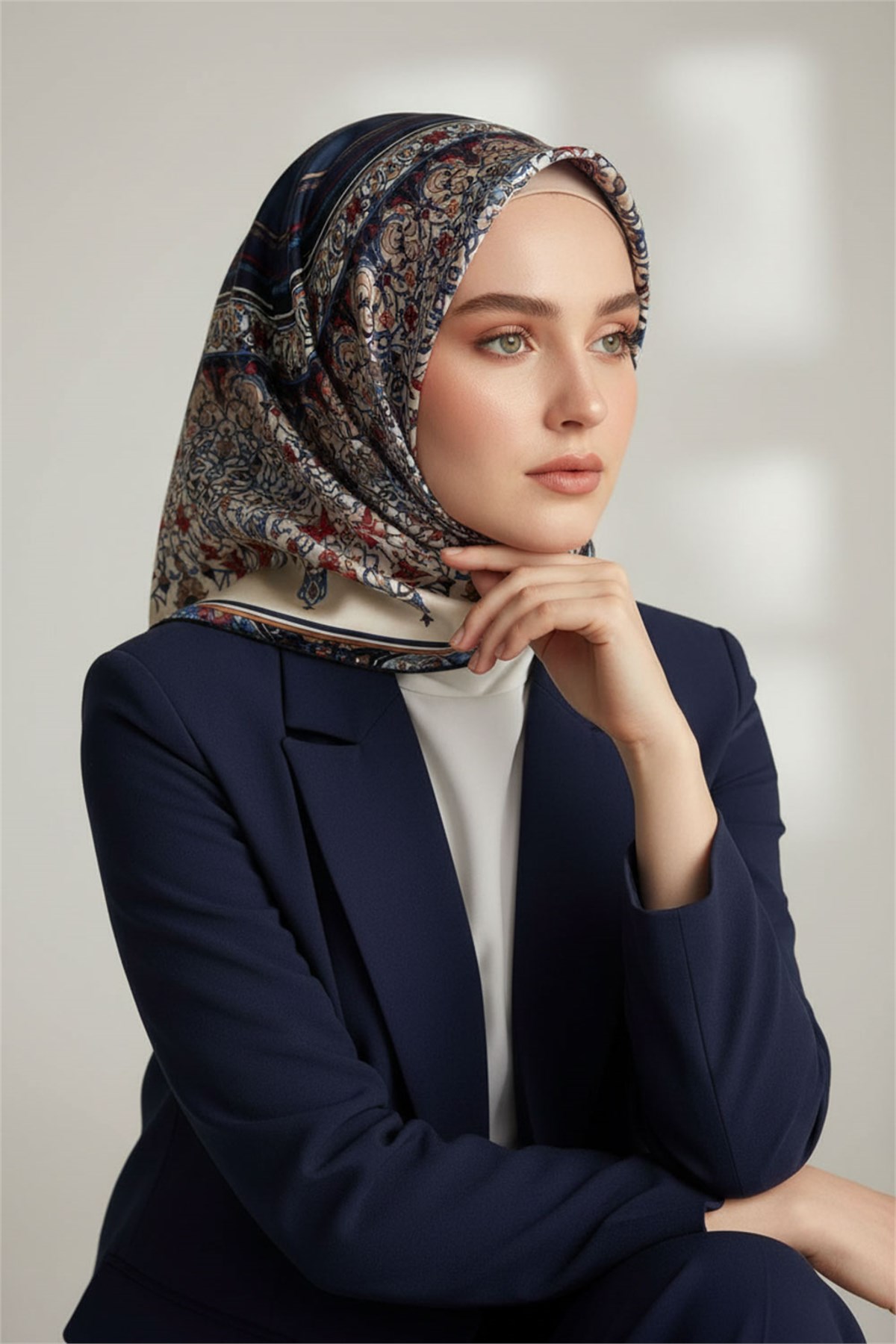 %100 Twill İpek Şal Desenli Lacivert Renkli 90x90 Eşarp Dikim Şekli : El Dikişi
