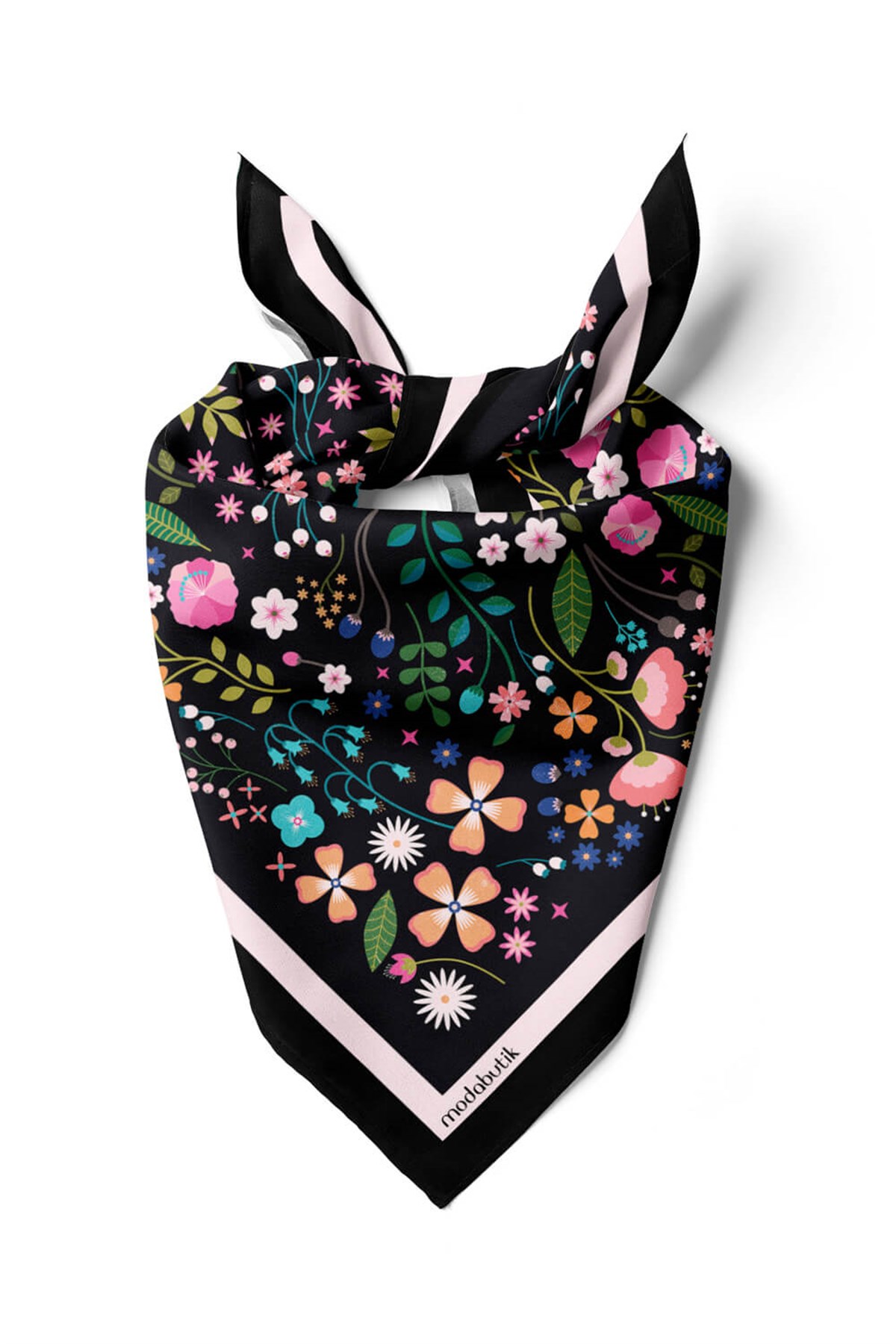 Kadın Siyah Pembe Çiçek Desenli 50x50 Bandana HYL DG01696-22