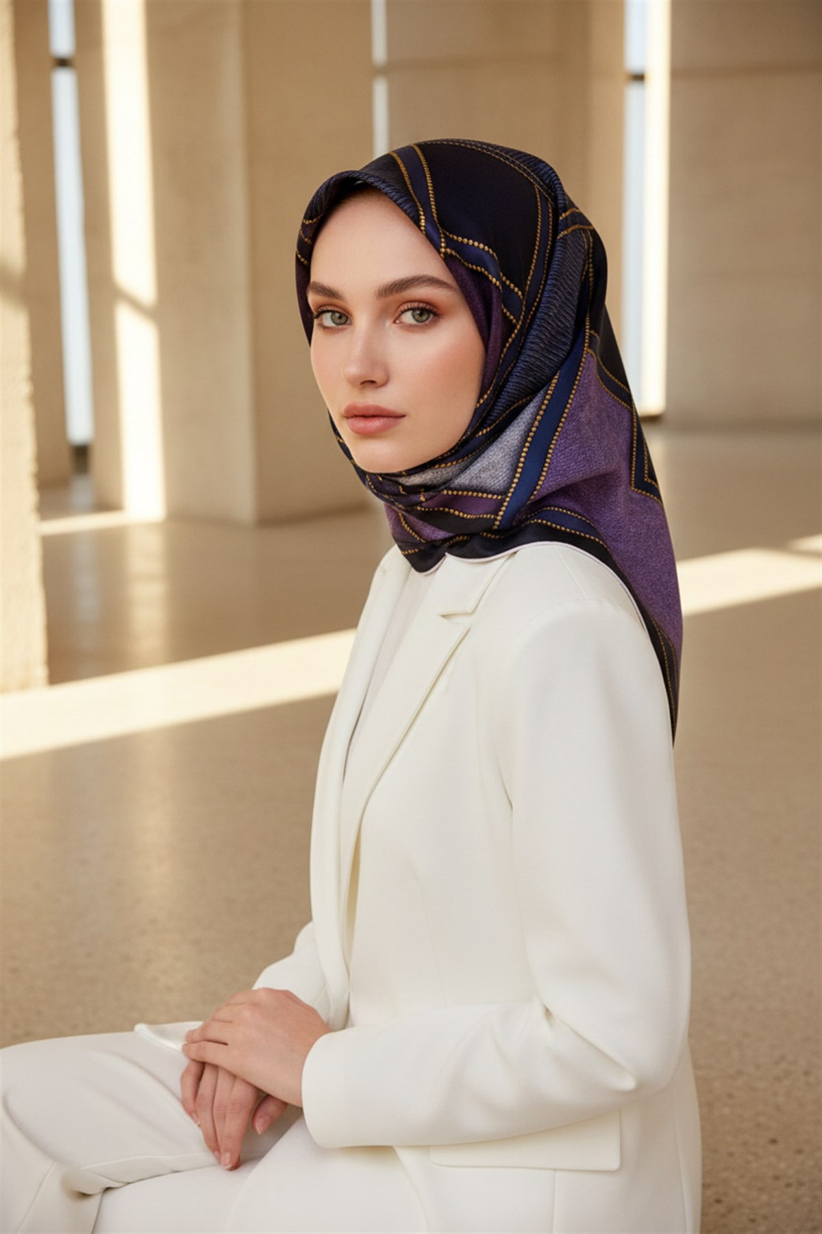 100% Twill İpek Gold Detaylı Kare Desenli Lacivert - Mürdüm Renkli 90x90 Dikim Şekli : El Dikişi