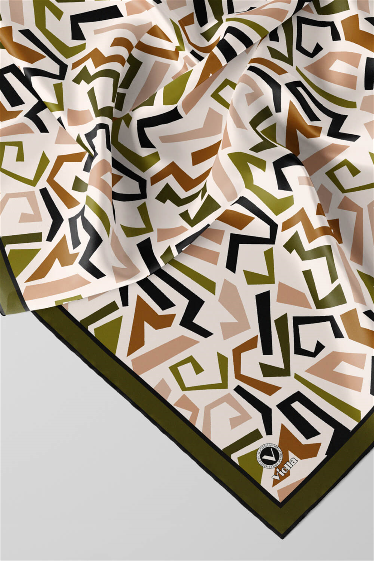 Twill Geometrik Desenli Haki Yeşili Renkli 90x90 Eşarp (İpek İçermez) Kenar Dikiş Şekli El Dikişli