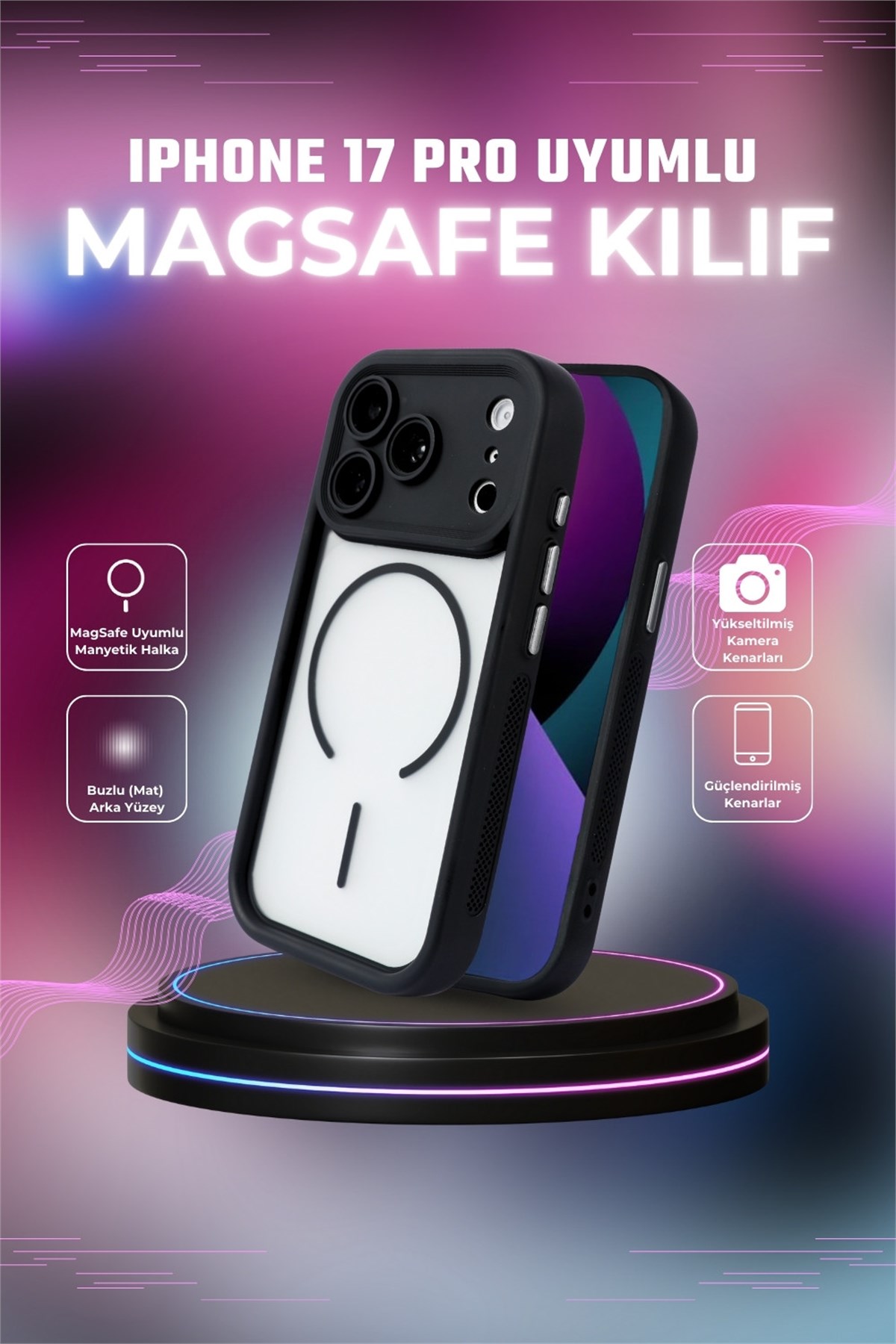 iPhone 17 Pro Kılıf – Kamera Korumalı – MagSafe Uyumlu – Siyah Renk – Mat Silikon Telefon Kılıfı
