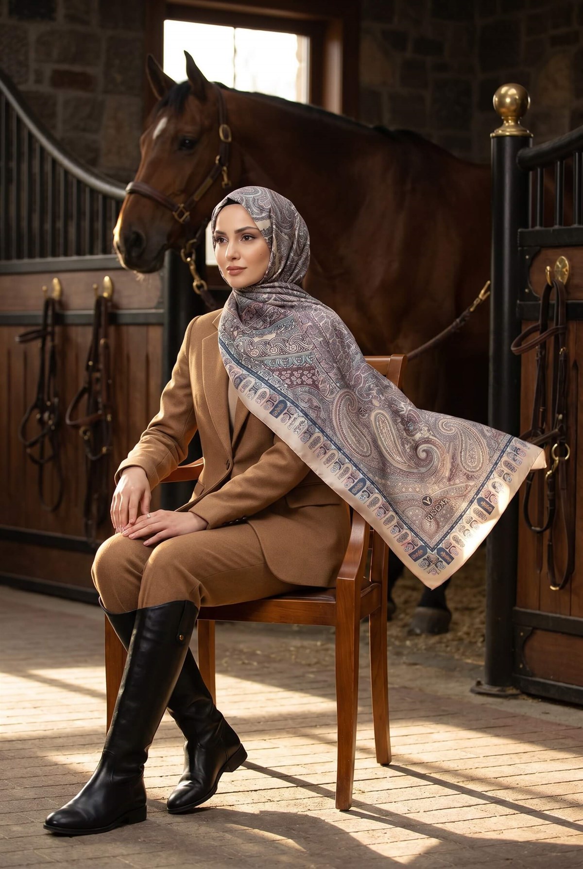 100% İPEK ETRO DESENLİ BEJ - MÜRDÜM RENKLİ ŞAL