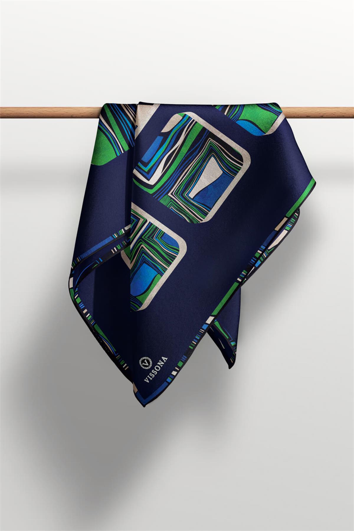 %100 Twill İpek Geometrik Kare Desenli Lacivert - Zümrüt Yeşili Renkli 90x90 Eşarp Dikim Şekli : El Dikişi