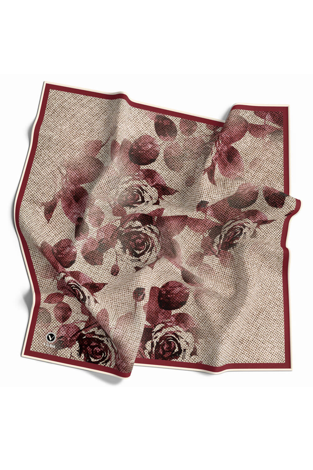 Twill Gül Desenli Bordo Renkli 90x90 Eşarp (İpek İçermez) Kenar Dikiş Şekli El Dikişli