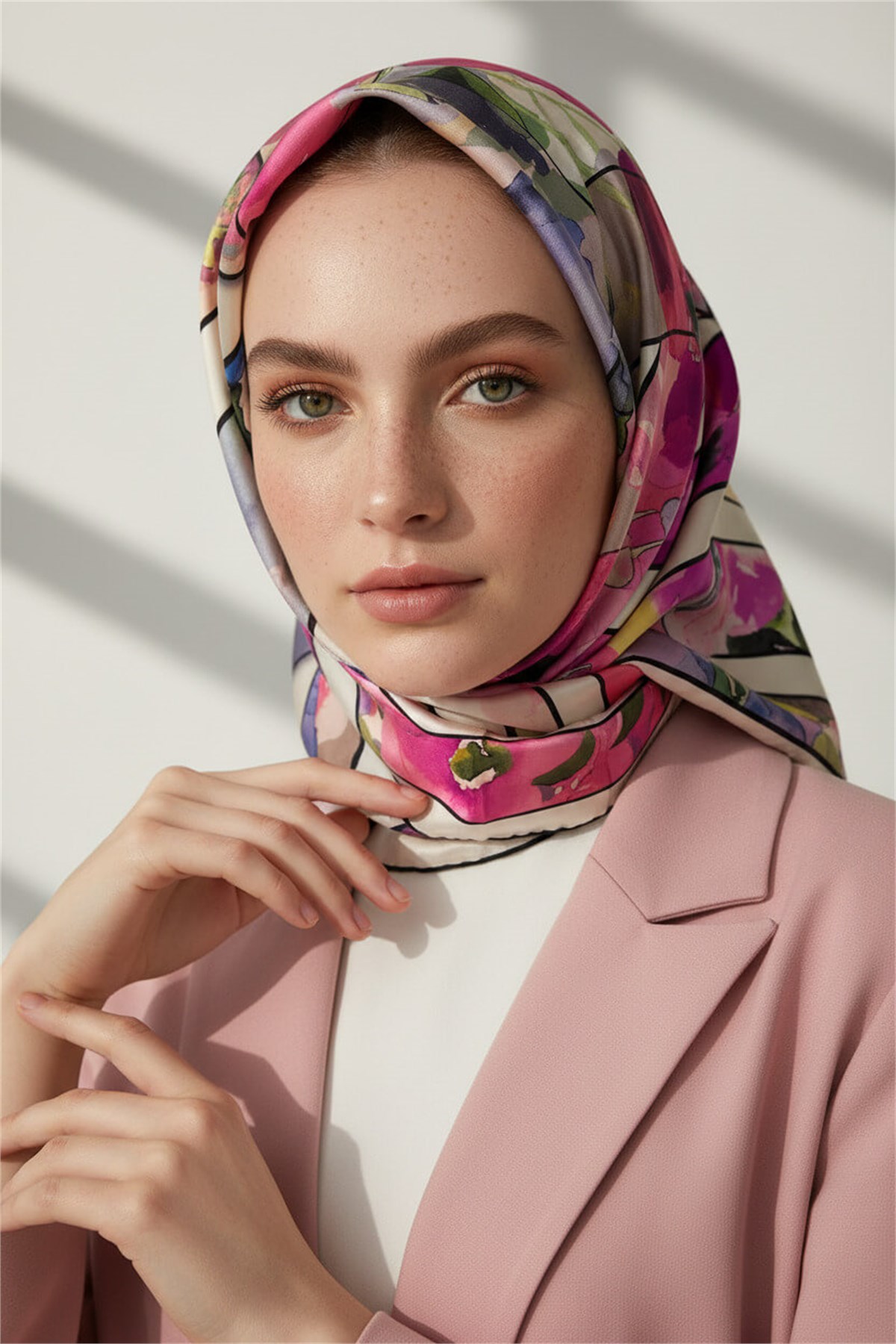 %100 Twill İpek Bahar Çiçekleri Desenli Mürdüm - Bebe Mavisi Renkli 90x90 Eşarp Kenar Dikiş Şekli El Dikişli