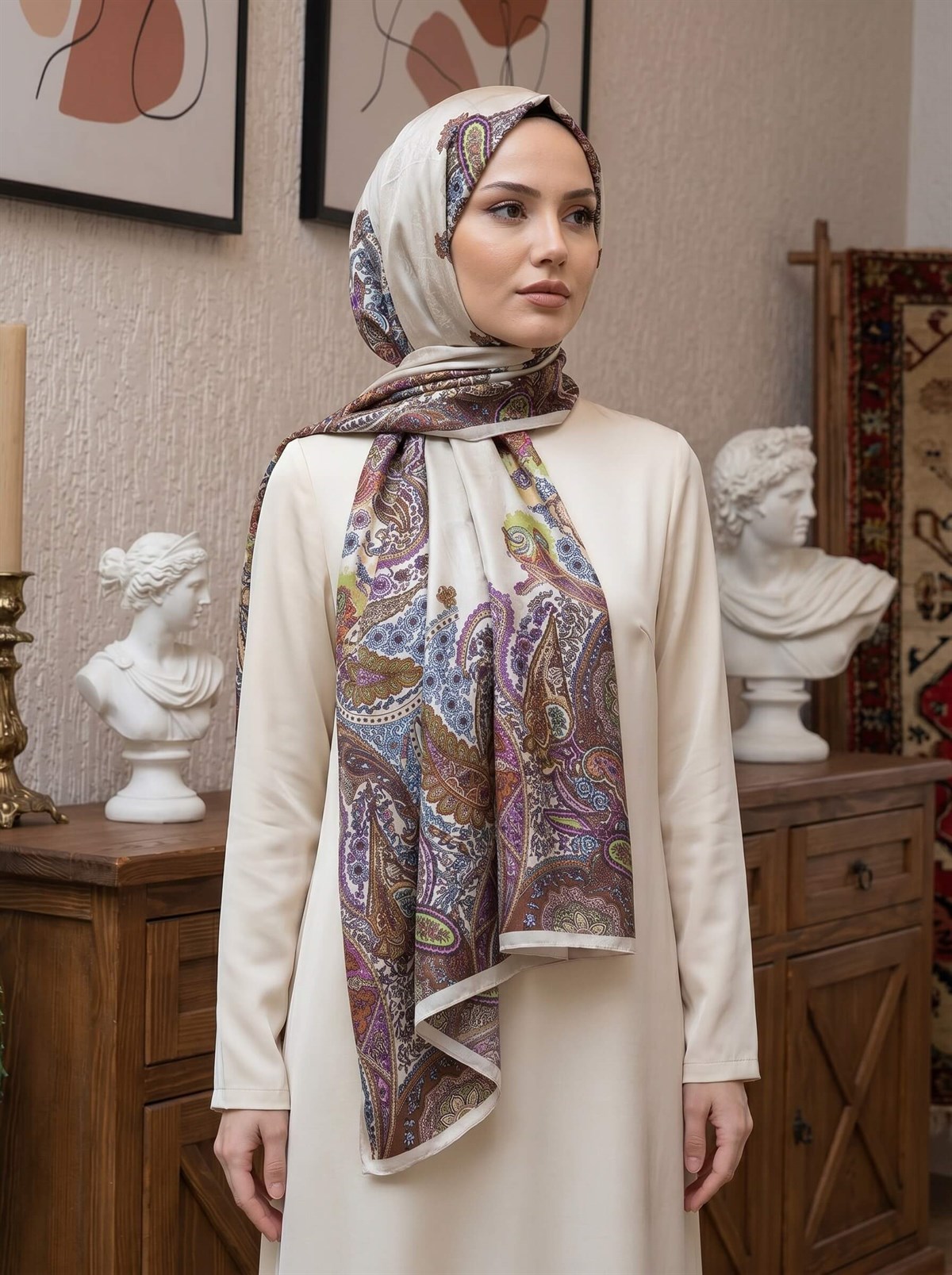 100% İpek Etro Desenli Krem - Taba Renkli 92x210 Şal