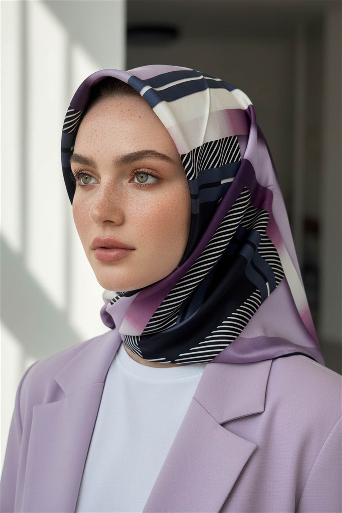 %100 Twill İpek Zebra Desenli Lila - Lacivert Renkli 90x90 Eşarp Dikim Şekli : El Dikişi