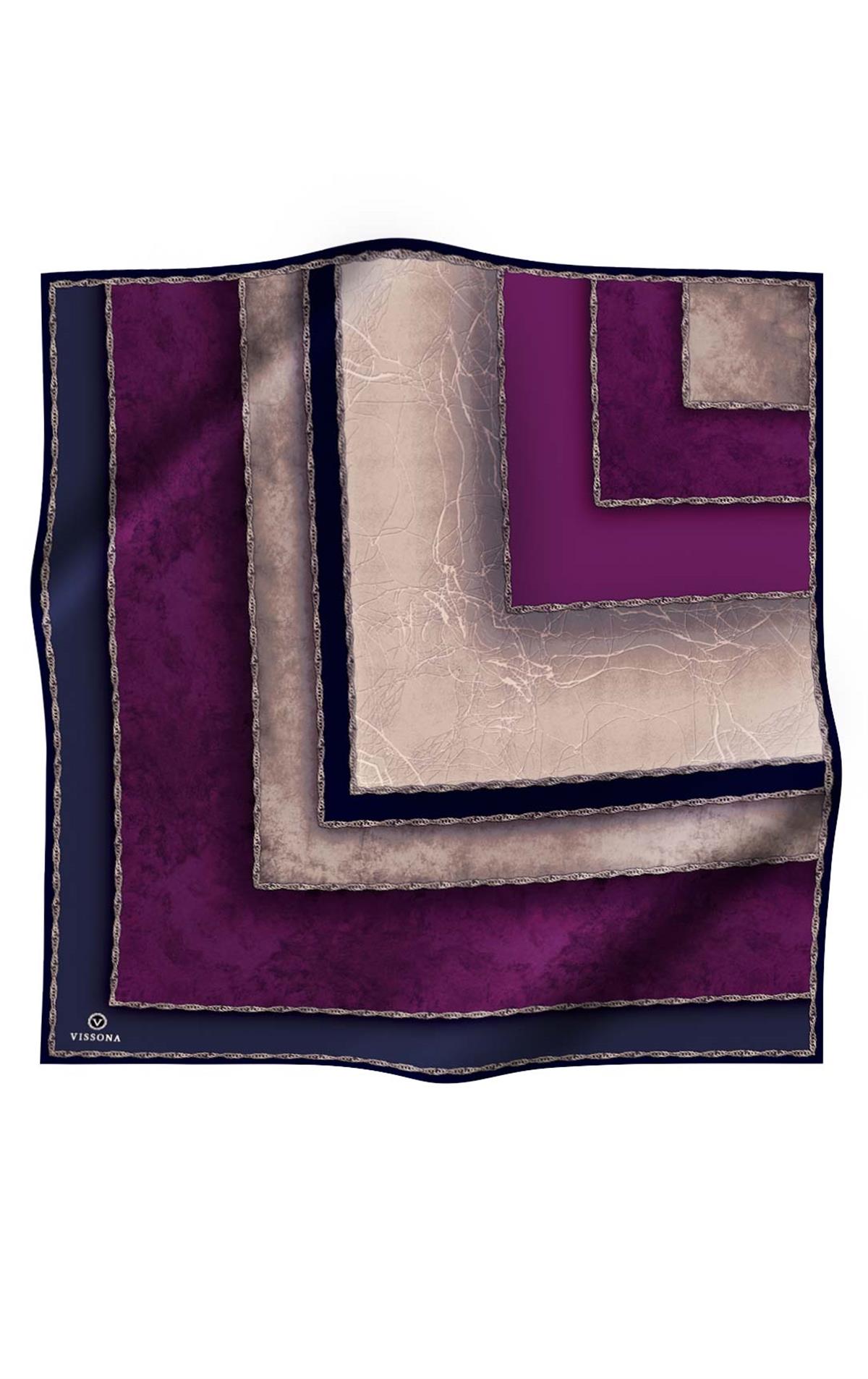 %100 Twill İpek Dokulu Geometrik Desenli Mürdüm - Lacivert Renkli 90x90 Eşarp Dikim Şekli : El Dikişi