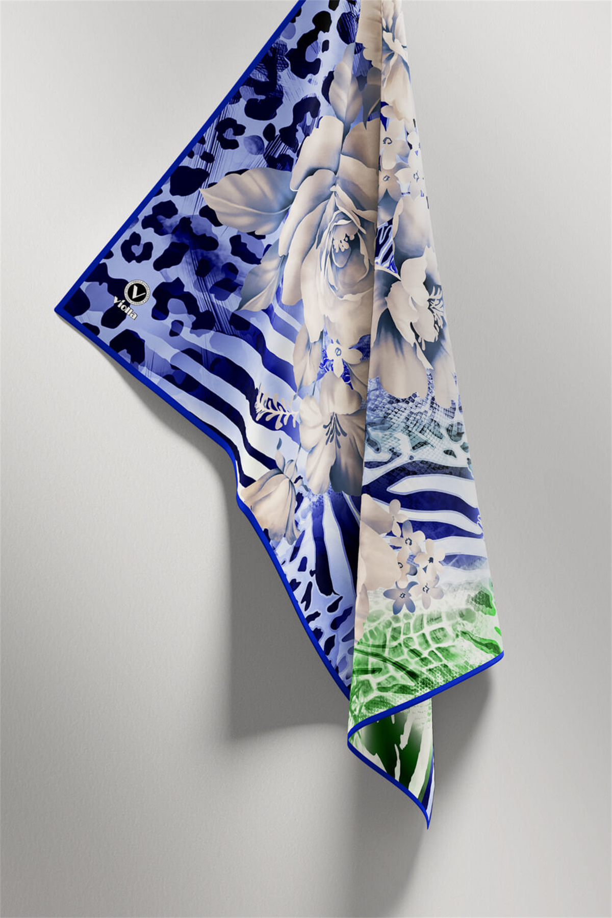 Twill Renkli Şerit Desenli Saks - Zümrüt Yeşili Renkli 90x90 Eşarp (İpek İçermez) Kenar Dikiş Şekli El Dikişli