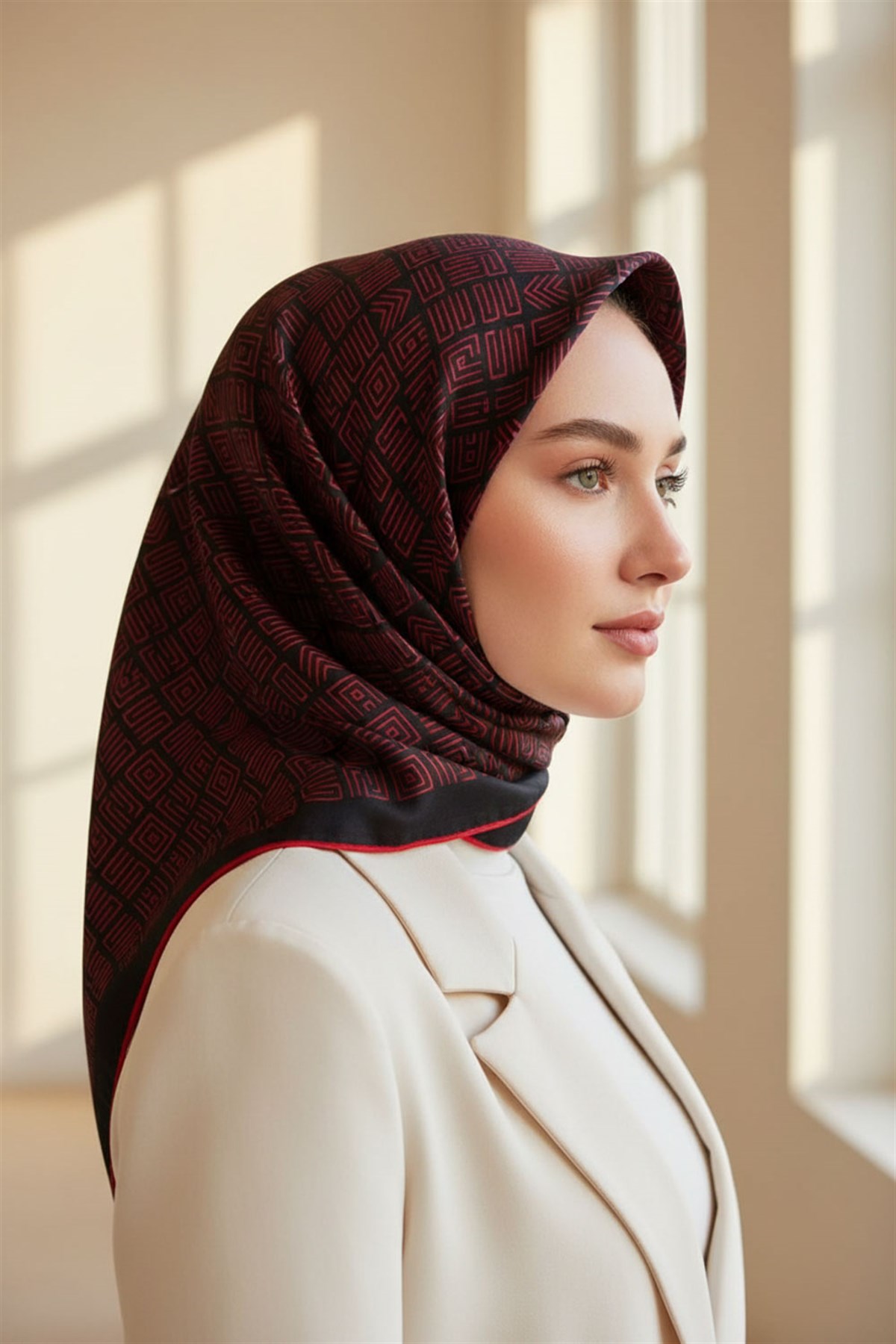 100% Twill İpek Etnik Motif Desenli Siyah - Kırmızı Renkli 90x90 Dikim Şekli : El Dikişi Eşarp