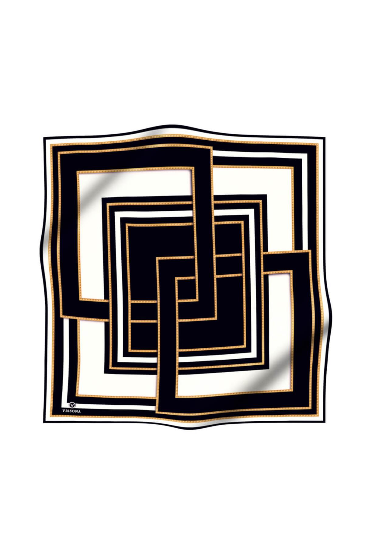 %100 Twill İpek Geometrik Desenli Siyah - Krem Renkli 90x90 Eşarp Dikim Şekli : El Dikişi