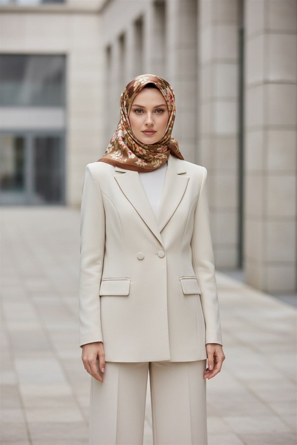 %100 Twill İpek Geometrik Ve Çiçek Desenli Taba Renkli 90x90 Eşarp Dikim Şekli : El Dikişi