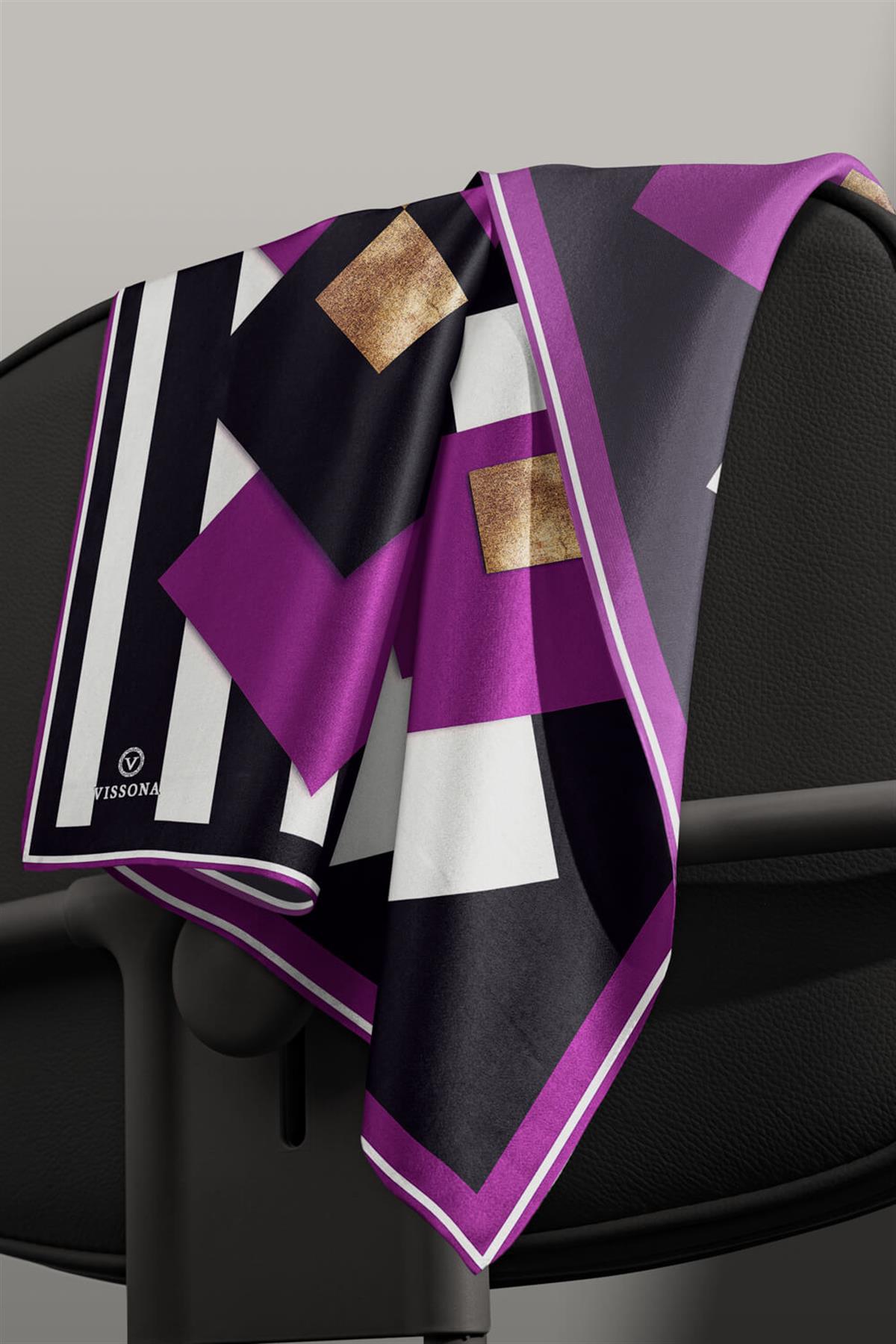 %100 Twill İpek Karo Desenli Mürdüm - Siyah Renkli 90x90 Eşarp Dikim Şekli : El Dikişi