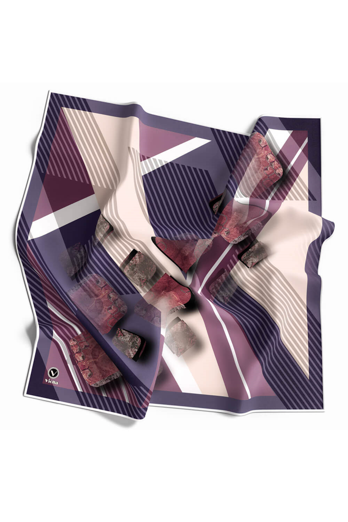 Twill Çizgili ve Geometrik Desenli Mor Renkli 90x90 Eşarp (İpek İçermez) Kenar Dikiş Şekli El Dikişli