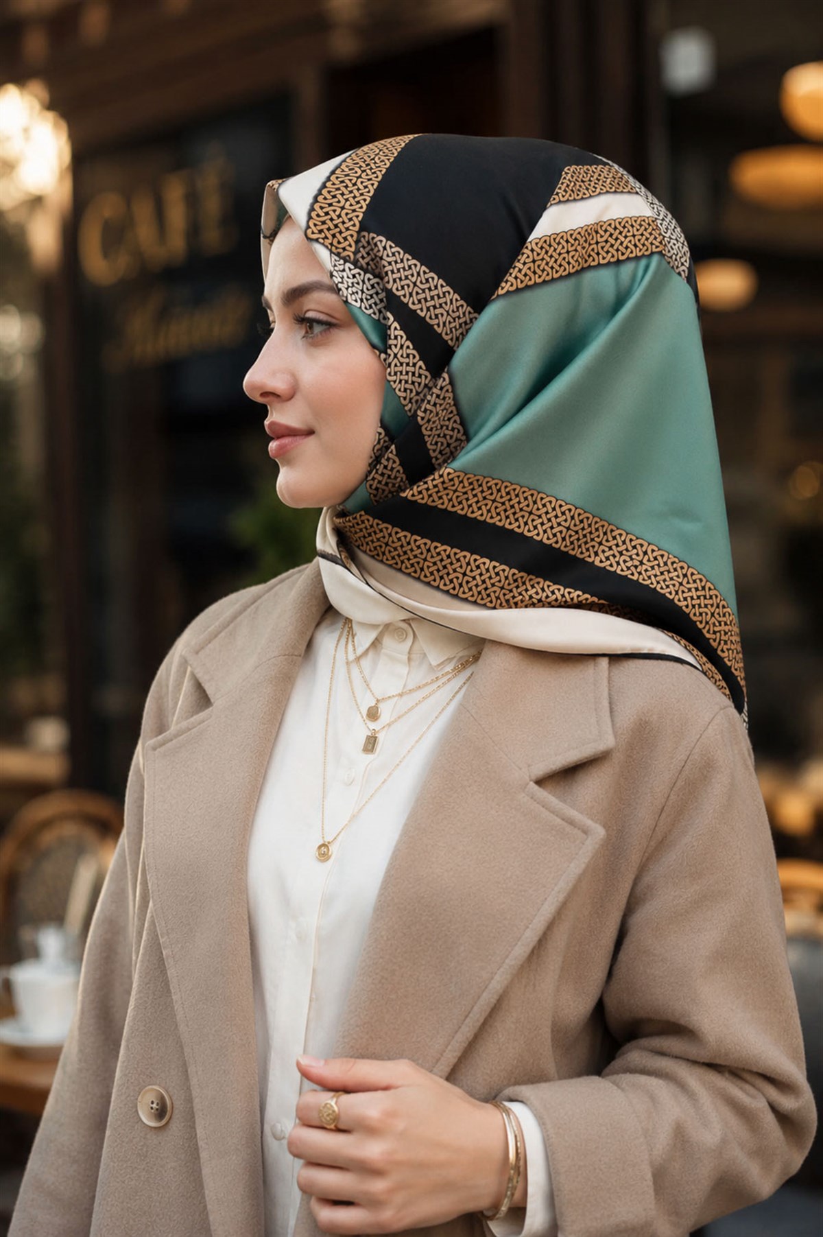 %100 Twill İpek Geometrik Desenli Siyah - Mint Yeşili Renkli 90x90 Eşarp Dikim Şekli : El Dikişi