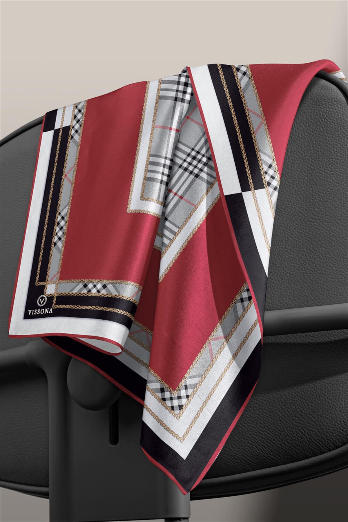 %100 Twill İpek Ekose Desenli Bordo Renkli 90x90 Eşarp Dikim Şekli : El Dikişi