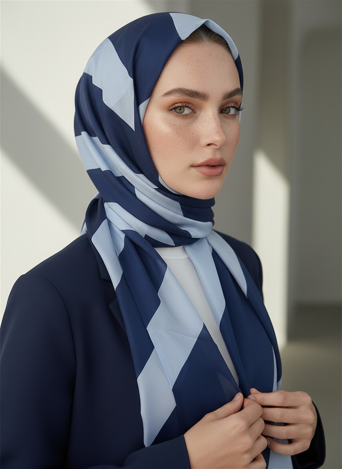 %100 Saf İpek Şal İnce Saten Vual Dokuma Çizgili Desenli Lacivert - Bebe Mavisi Renkli 90x210 Şal