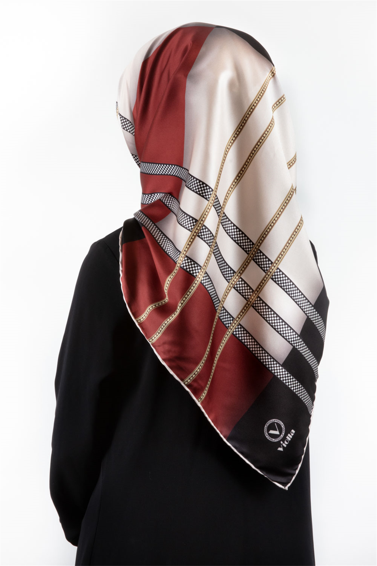Twill Geometrik Desenli Siyah - Bordo Renkli 90x90 Eşarp (İpek İçermez) Kenar Dikiş Şekli El Dikişli