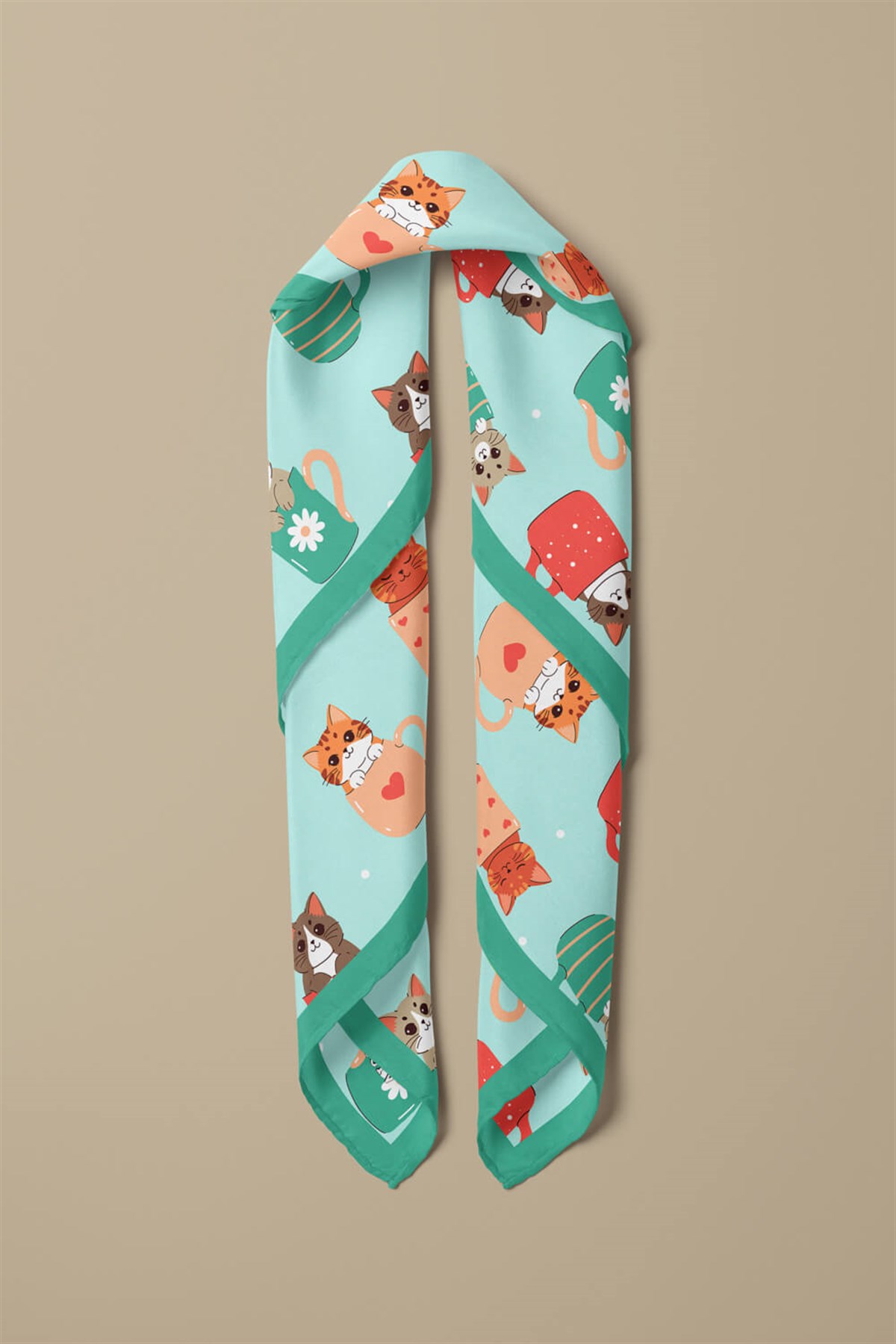 %100 İpek Fincanda Kedi Desenli Bandana