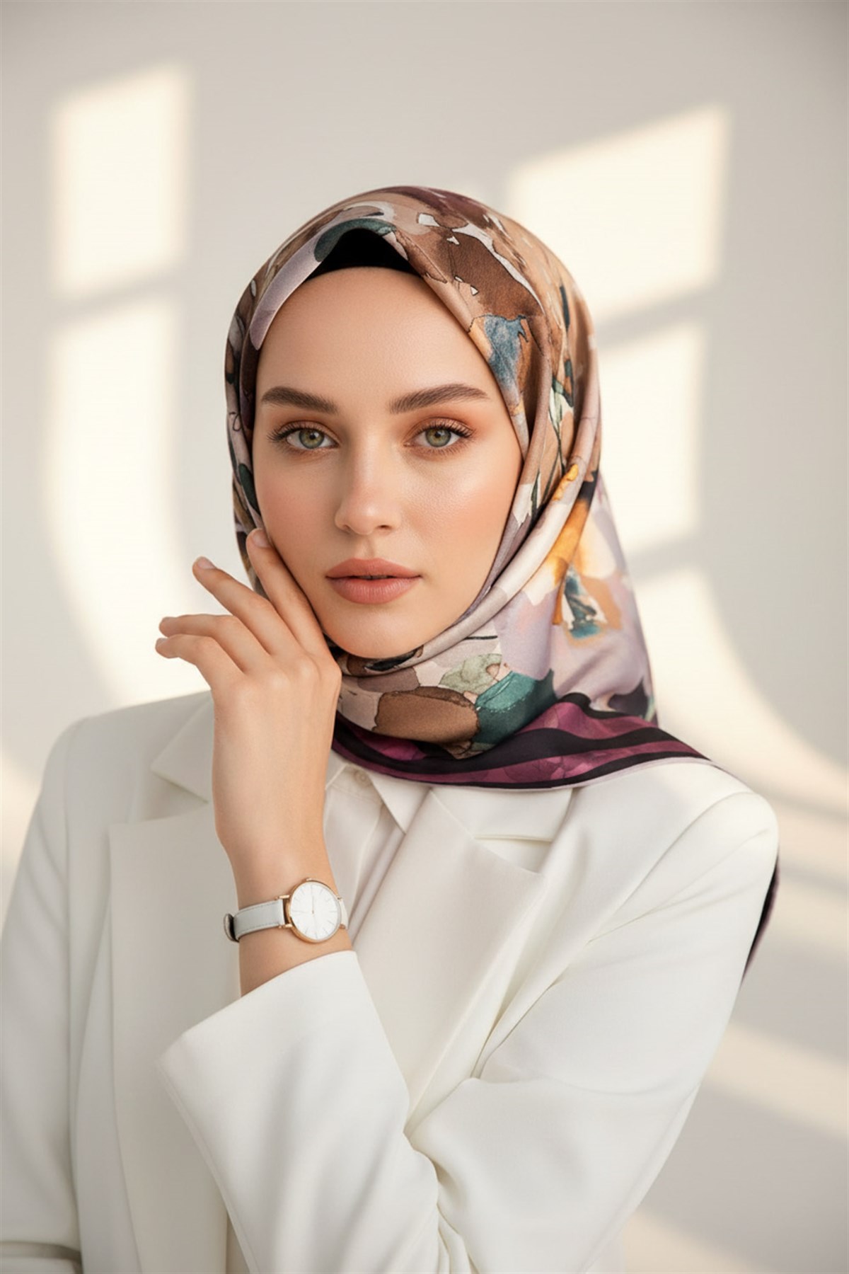 % 57 İPEK % 43 VİSKON Twill İpek Sulu Boyalı Çiçek Desenli Mor - Vizon Renkli 90x90 Eşarp Dikim Şekli : El Dikişi