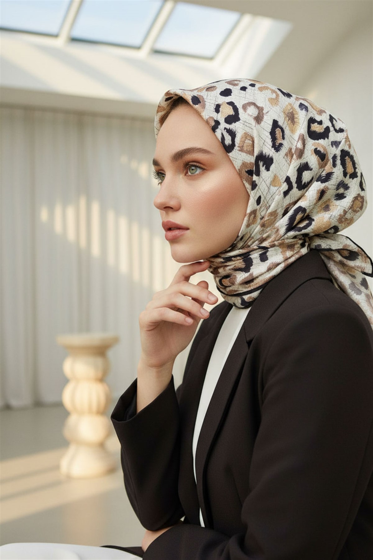 %100 Twill İpek Renkli Leopari Desenli Bej - Siyah Renkli 90x90 Eşarp Kenar Dikiş Şekli El Dikişli