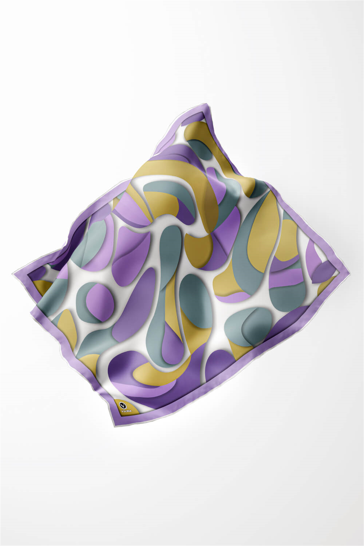 Twill Soyut Geometrik Desenli Lila - Haki Renkli 90x90 Eşarp (İpek İçermez) Dikim Şekli : El Dikişi