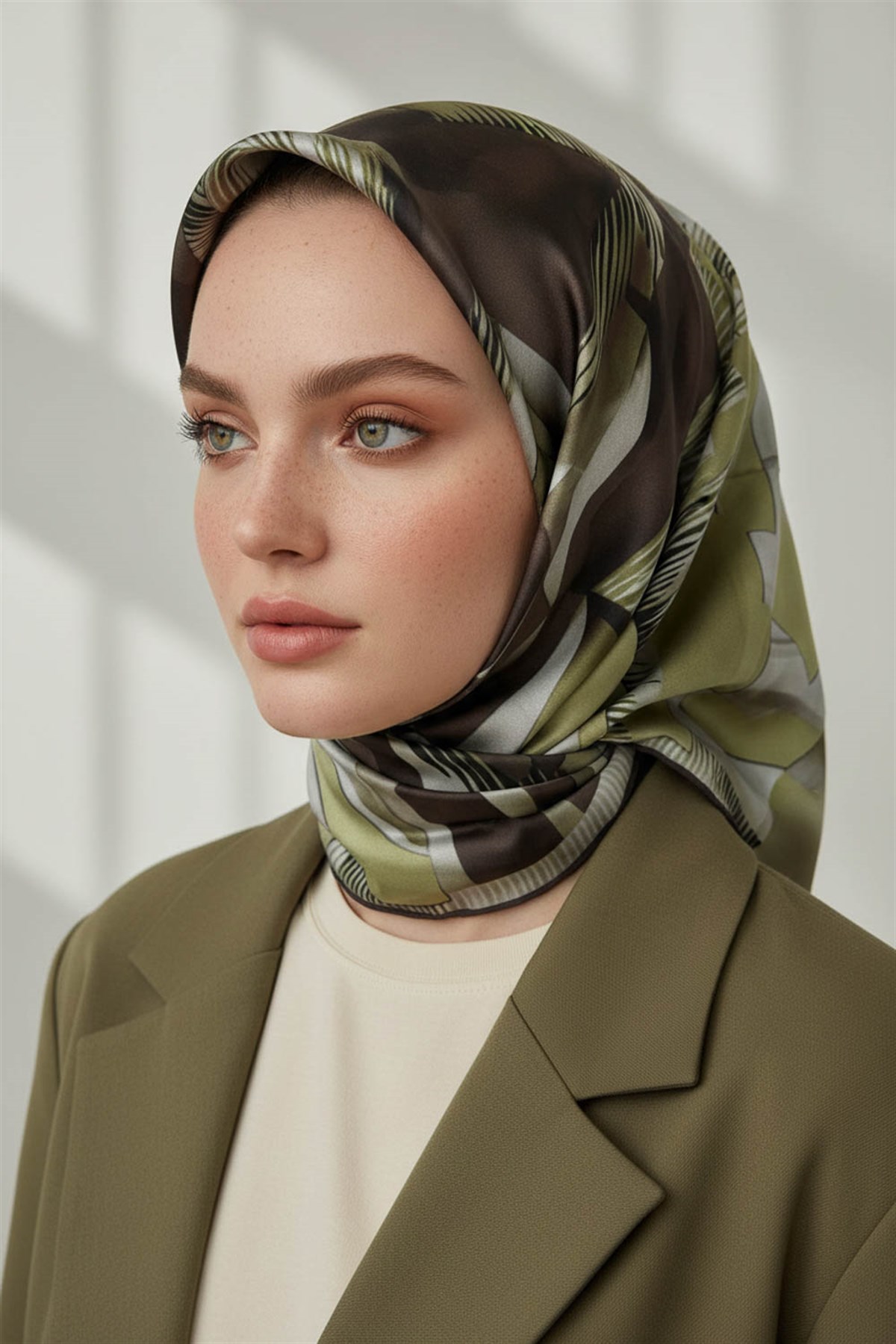 %100 Twill İpek Geometrik Desenli Yağ Yeşili - Sütlü Kahve Renkli 90x90 Eşarp Dikim Şekli : El Dikişi