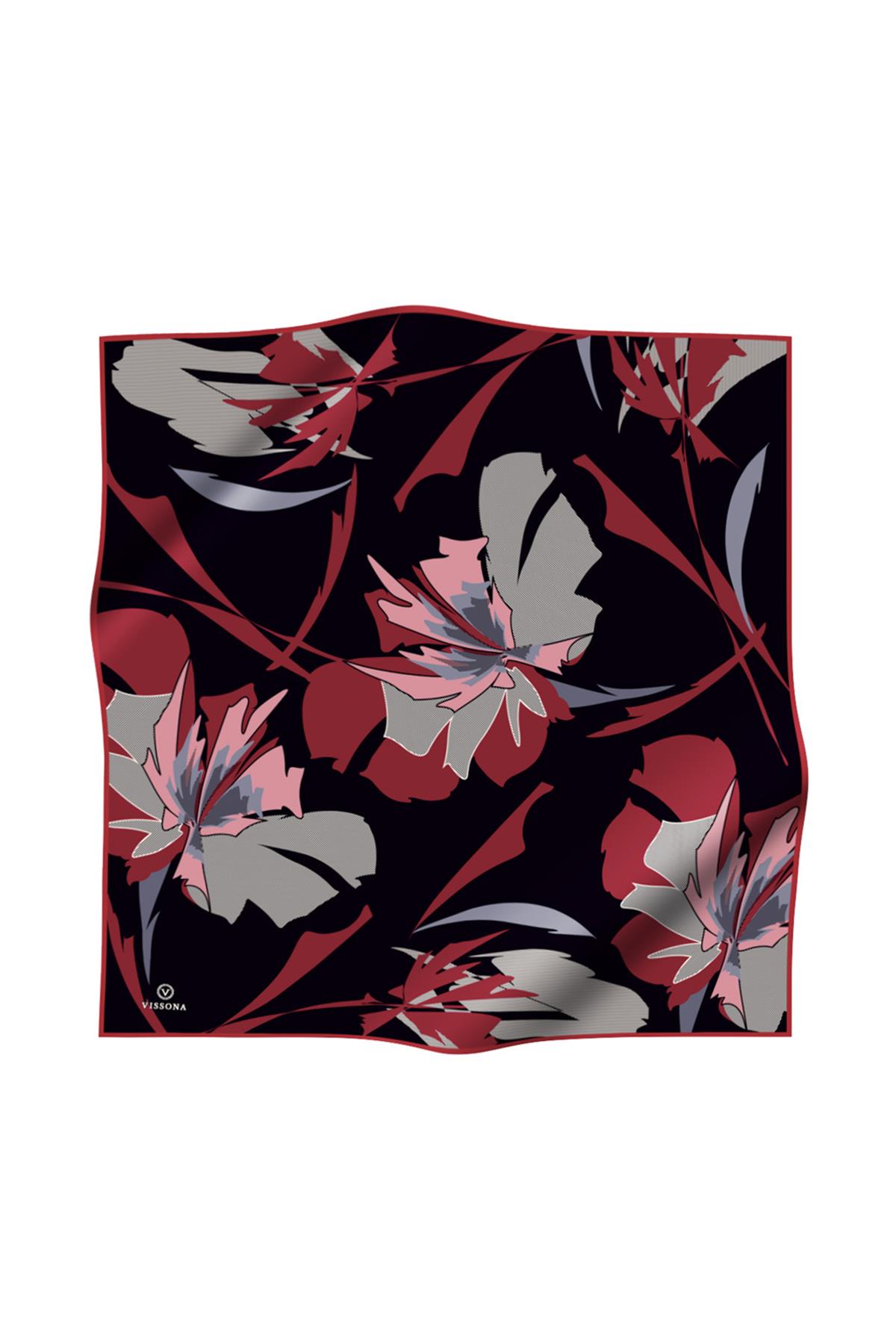 %100 Twill İpek Çiçek Desenli Siyah - Bordo Renkli 90x90 Eşarp Dikim Şekli : El Dikişi