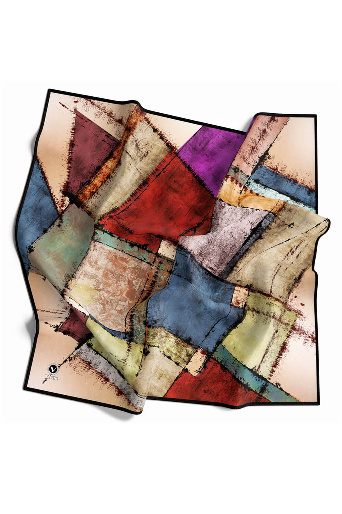 Twil Yamalı Ve Geometrik Desenli Bordo Renkli 90x90 Eşarp (İpek İçermez) Dikim Şekli : El Dikişi