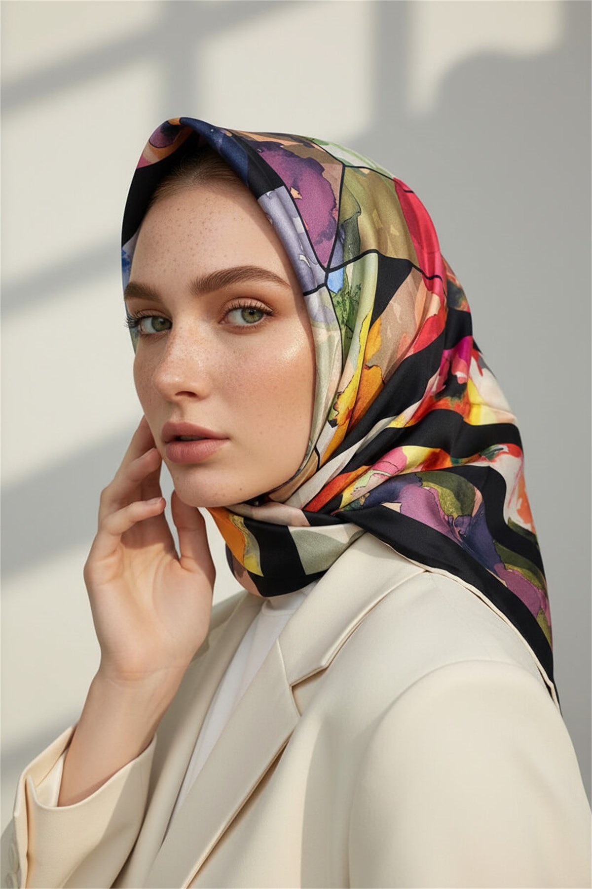 %100 Twill İpek Bahar Çiçekleri Desenli Siyah - Kırmızı Renkli 90x90 Eşarp Kenar Dikiş Şekli El Dikişli