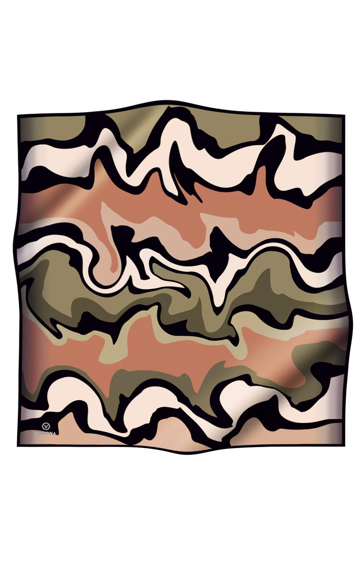 100% Twill İpek Dalga Desenli Bakır - Haki Renkli 90x90 Dikim Şekli : El Dikişi Eşarp