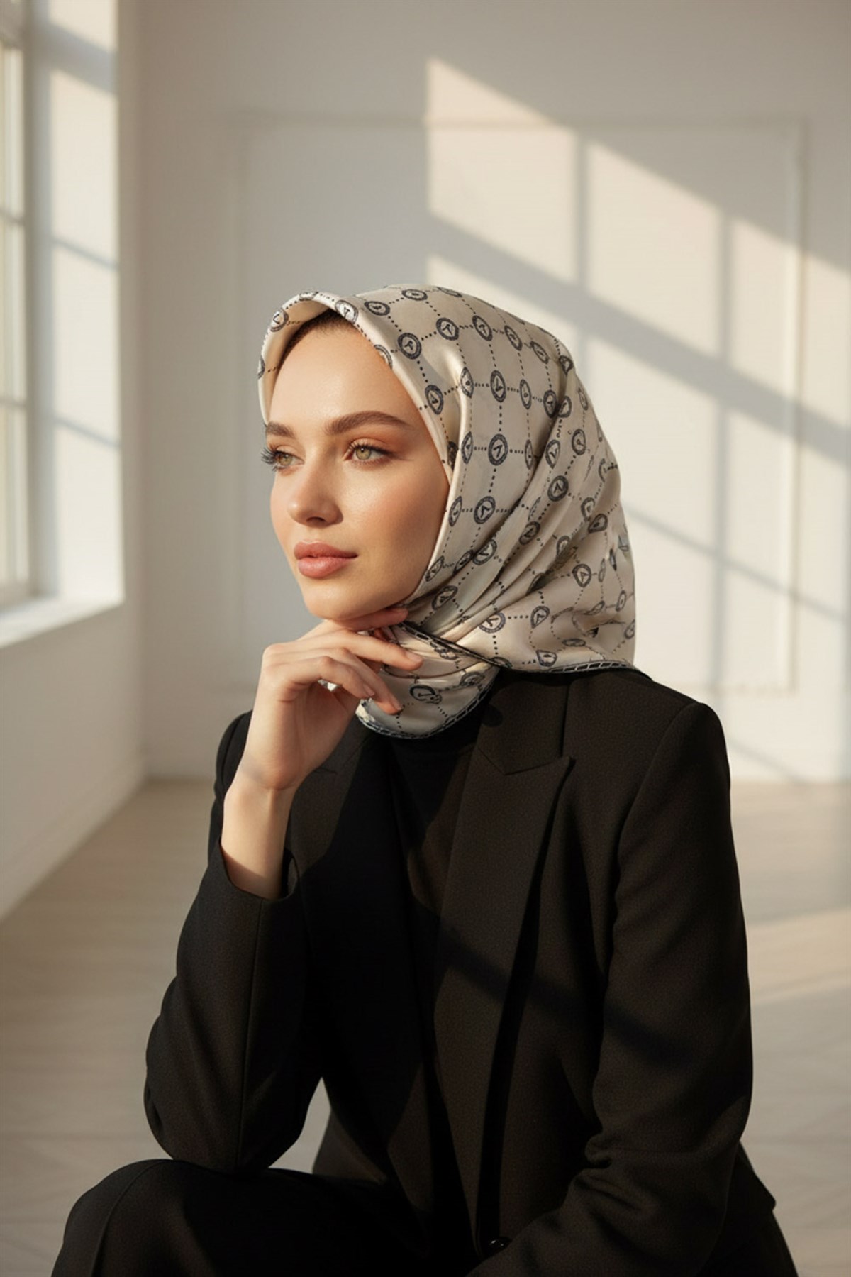 %100 Twill İpek Monogram Desenli Krem - Siyah Renkli 90x90 Eşarp Dikim Şekli : El Dikişi