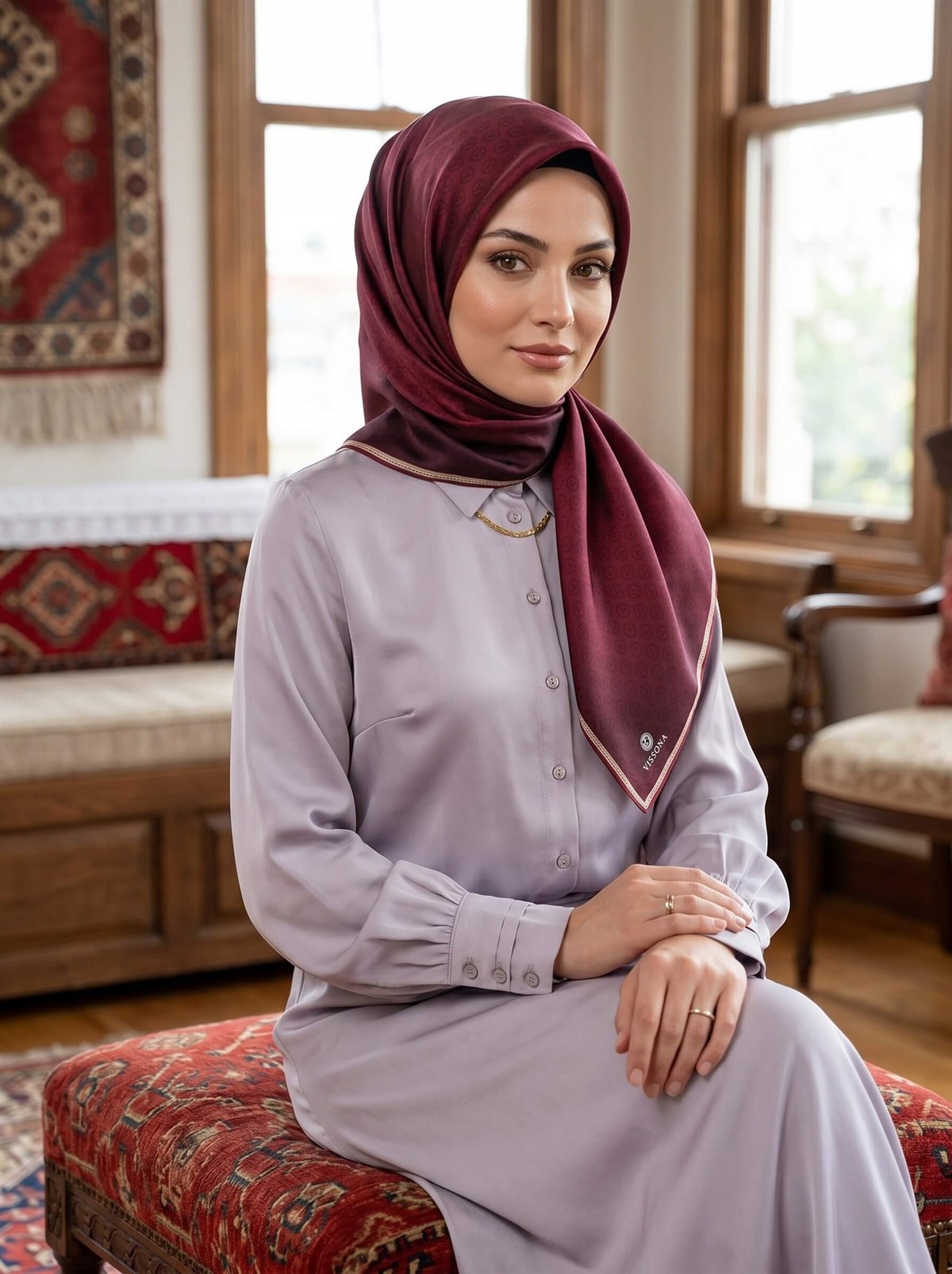 %100 Twill İpek Monogram Desenli Bordo Renkli 90x90 Eşarp Dikim Şekli : El Dikişi