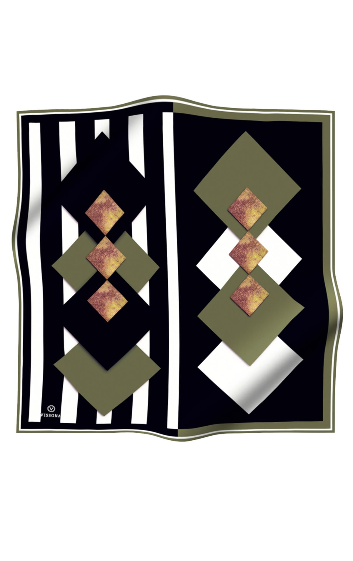 %100 Twill İpek Karo Desenli Haki - Siyah Renkli 90x90 Eşarp Dikim Şekli : El Dikişi