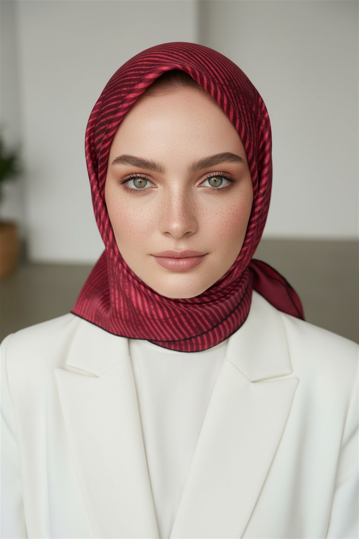 100% Twill İpek Geometrik Desenli Kırmızı Renkli 90x90 Dikim Şekli : El Dikişi Eşarp