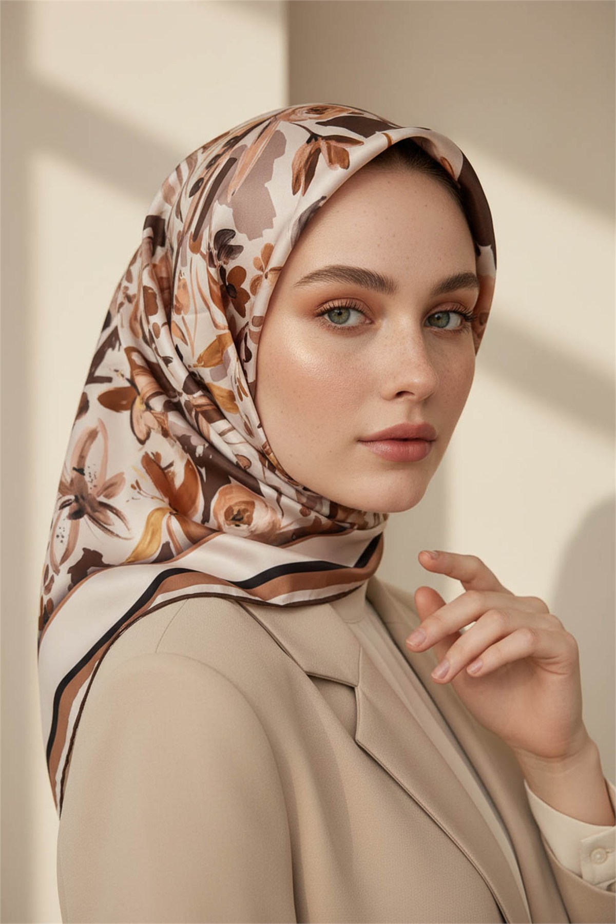 Rayon Çiçek Desenli Bej Renkli 90x90 Dikim Şekli : El Dikişi Eşarp (İpek İçermez)